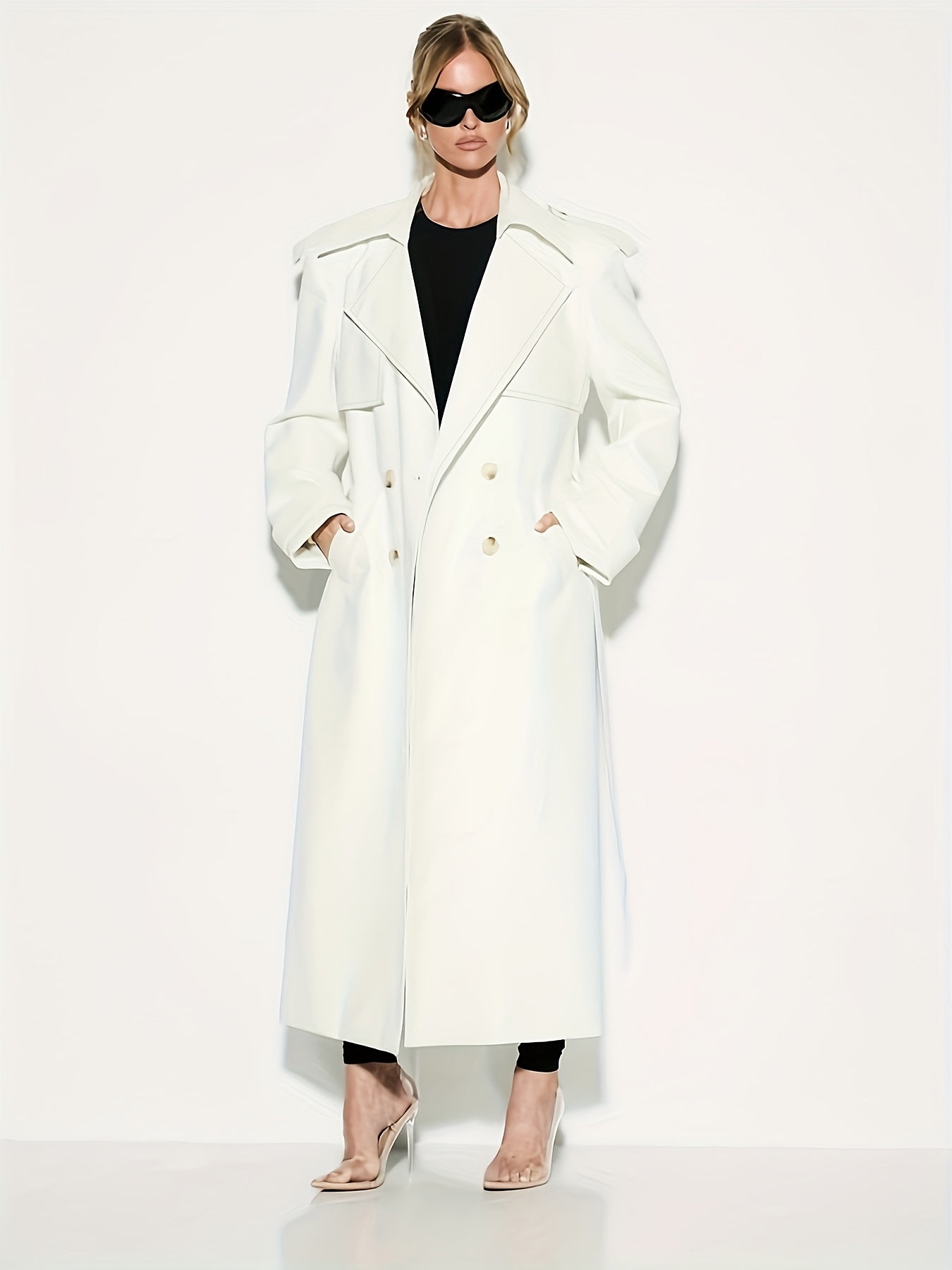 1pc Women'S Elegant Minimalist Double-Breasted Trench Coat - Long Sleeve, Solid Color, Belted Waist, Pockets, Non-Stretch Fabric,