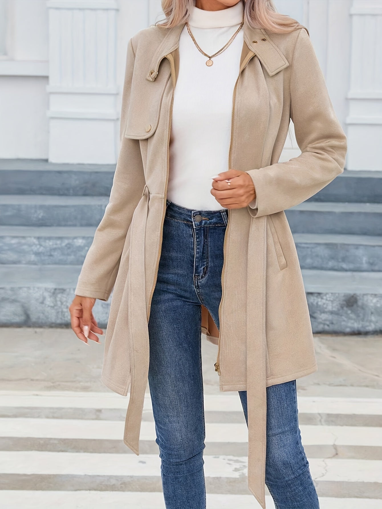Beige Trench Coat Elegant Beige Women's Coat | Middle Eastern-Inspired Round Neck Trench Coat with Front Zipper & Bow Detail, Machine Washable