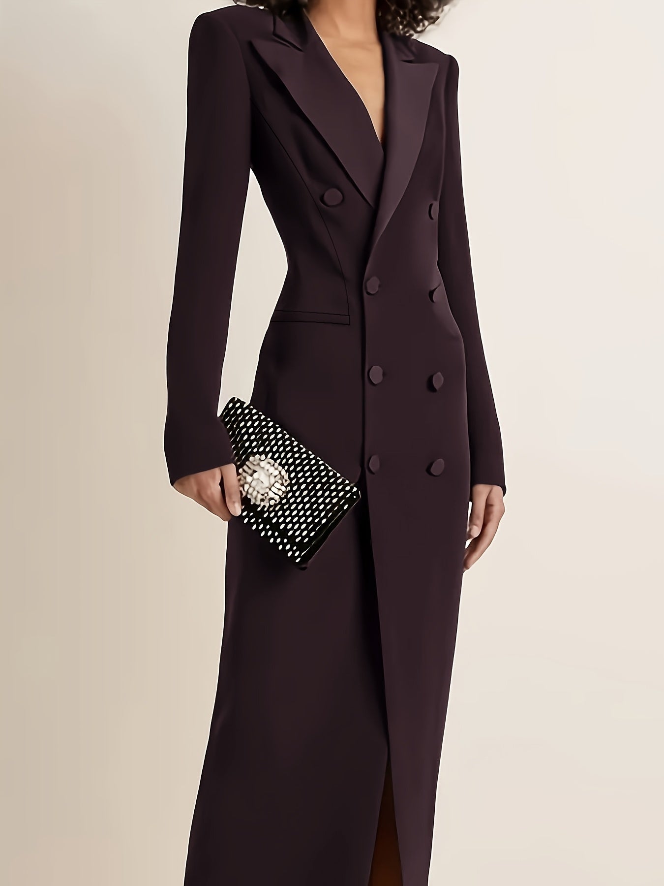 Women'S Elegant Double-Breasted Long Sleeve Trench Coat - Solid Color, Button Details, High-Waisted Design, Perfect for Formal Events,
