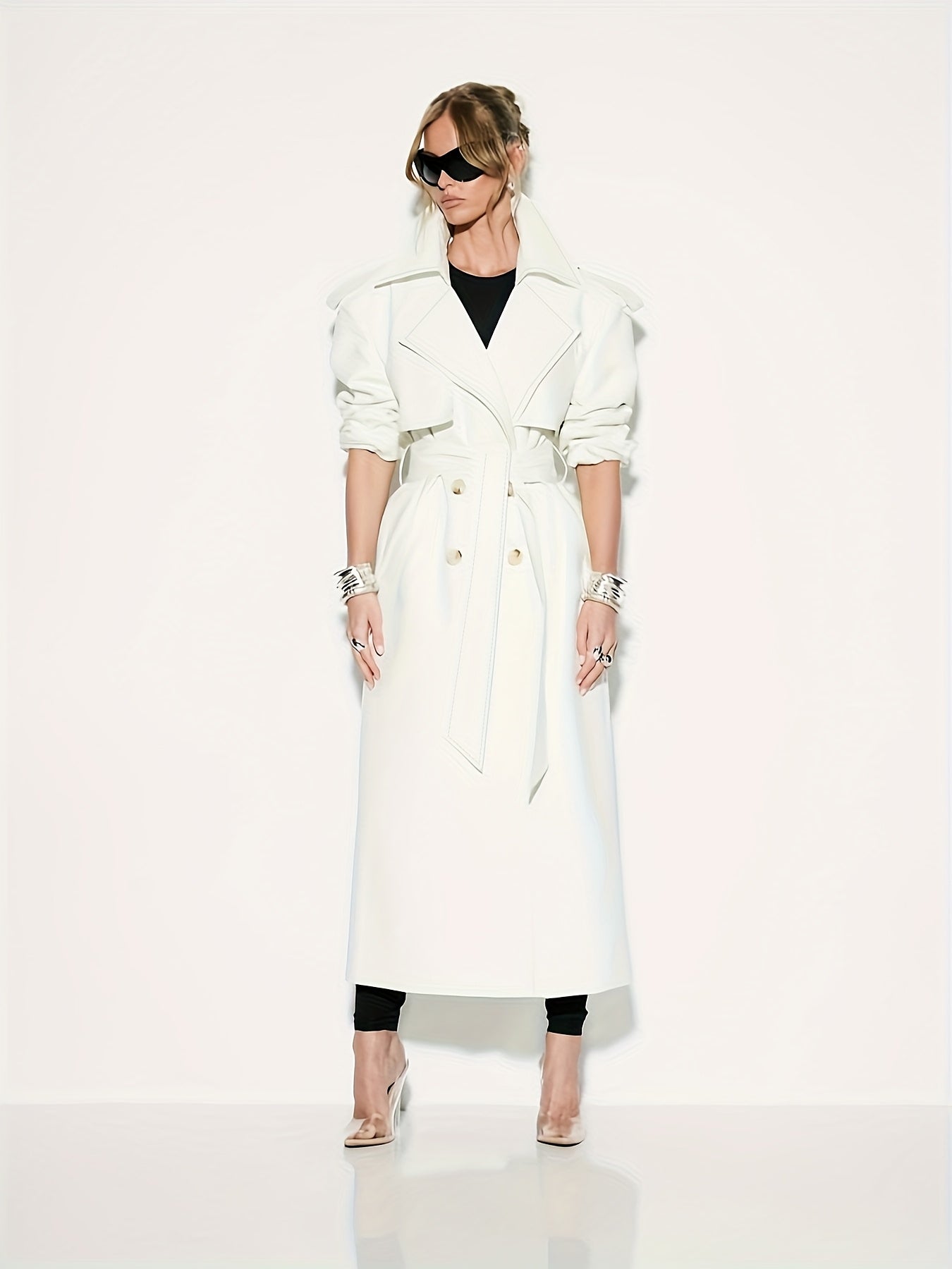 1pc Women'S Elegant Minimalist Double-Breasted Trench Coat - Long Sleeve, Solid Color, Belted Waist, Pockets, Non-Stretch Fabric,