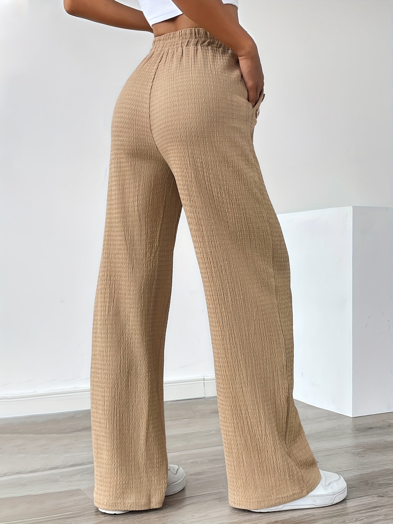 Women'S Casual Solid Color Pants with Faux Button Detail - Elastic Waistband, Drawstring, and Side Pockets, Lightweight Summer Trousers for Casual Attire