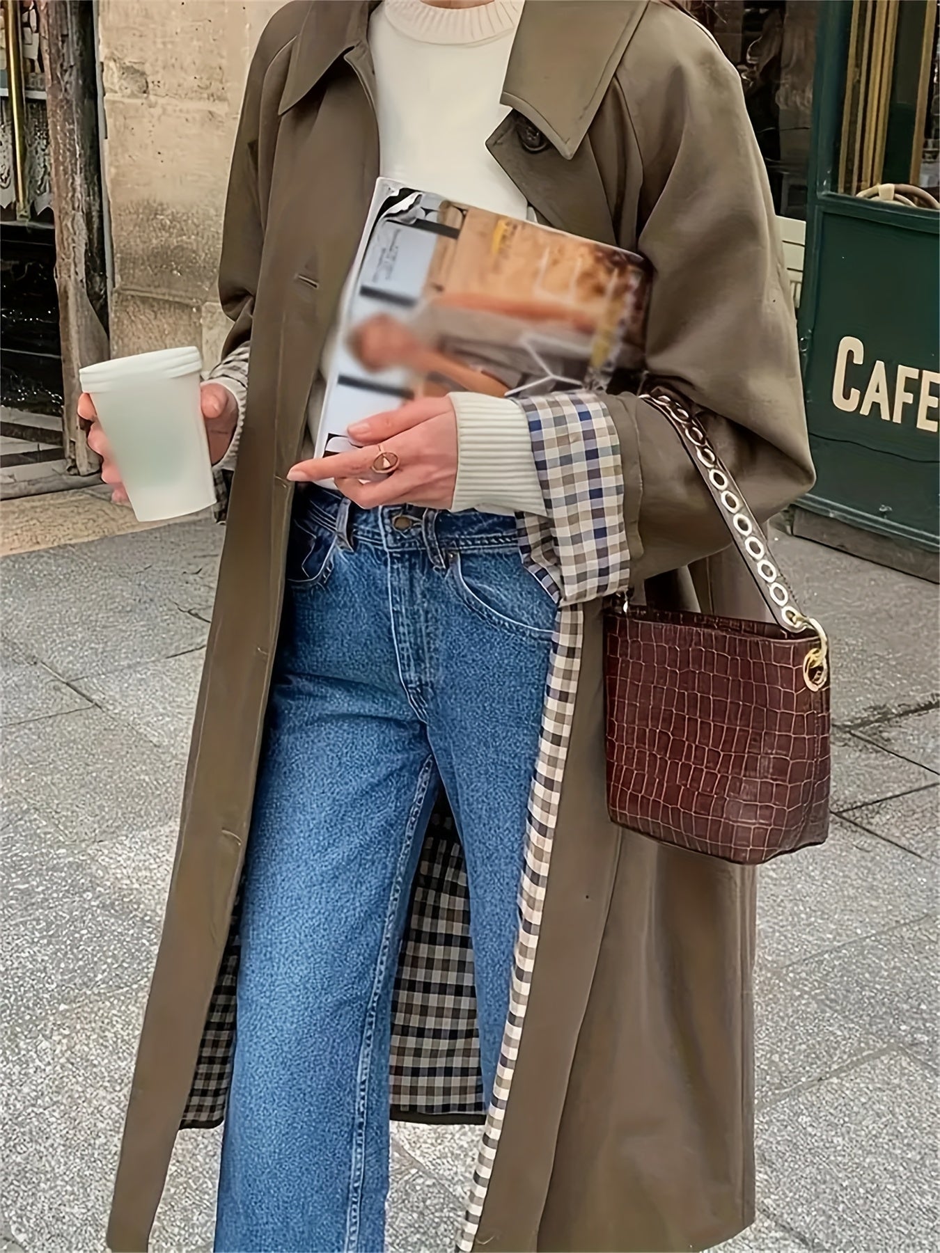 Women's Trench Coat Oversized Women's Long Sleeve Trench Coat | Button-Front, Plaid-Lined Pockets, Elegant Solid Color Design, Classic Style,