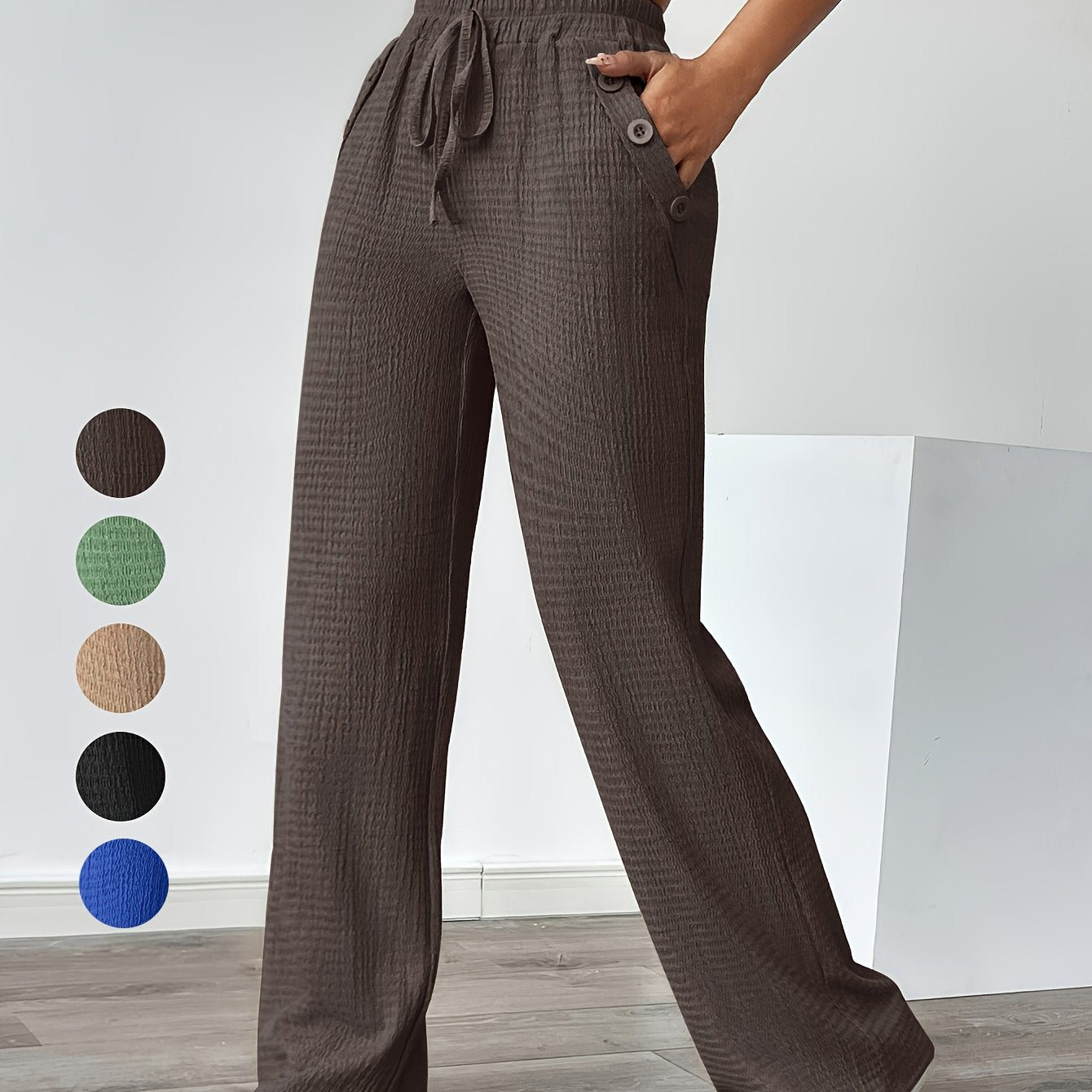 Women'S Casual Solid Color Pants with Faux Button Detail - Elastic Waistband, Drawstring, and Side Pockets, Lightweight Summer Trousers for Casual Attire