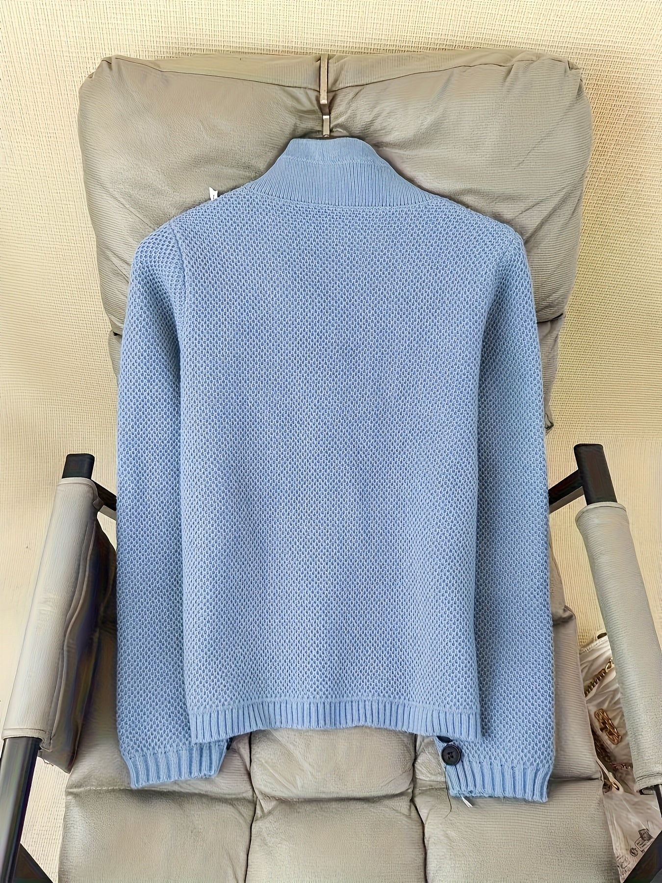 Solid Color Button Front Cardigans Coat, Casual Mock Neck Side Pockets Long Sleeve Top For Every Day,