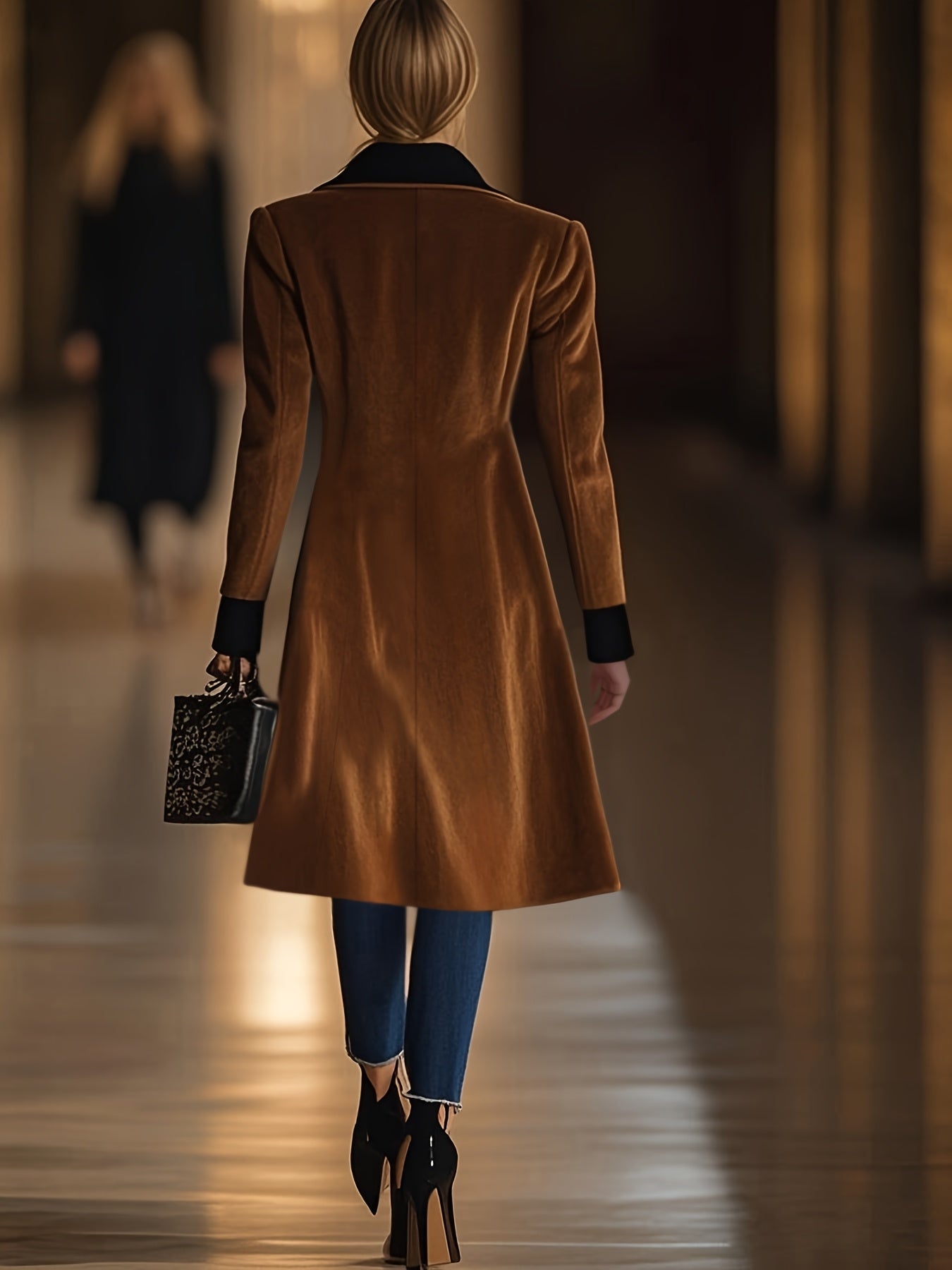 Women's Elegant Long Coat - Formal & Everyday Chic Outerwear, Machine Washable Tuxedo-like Jacket for Office, Parties, Casual Outfits