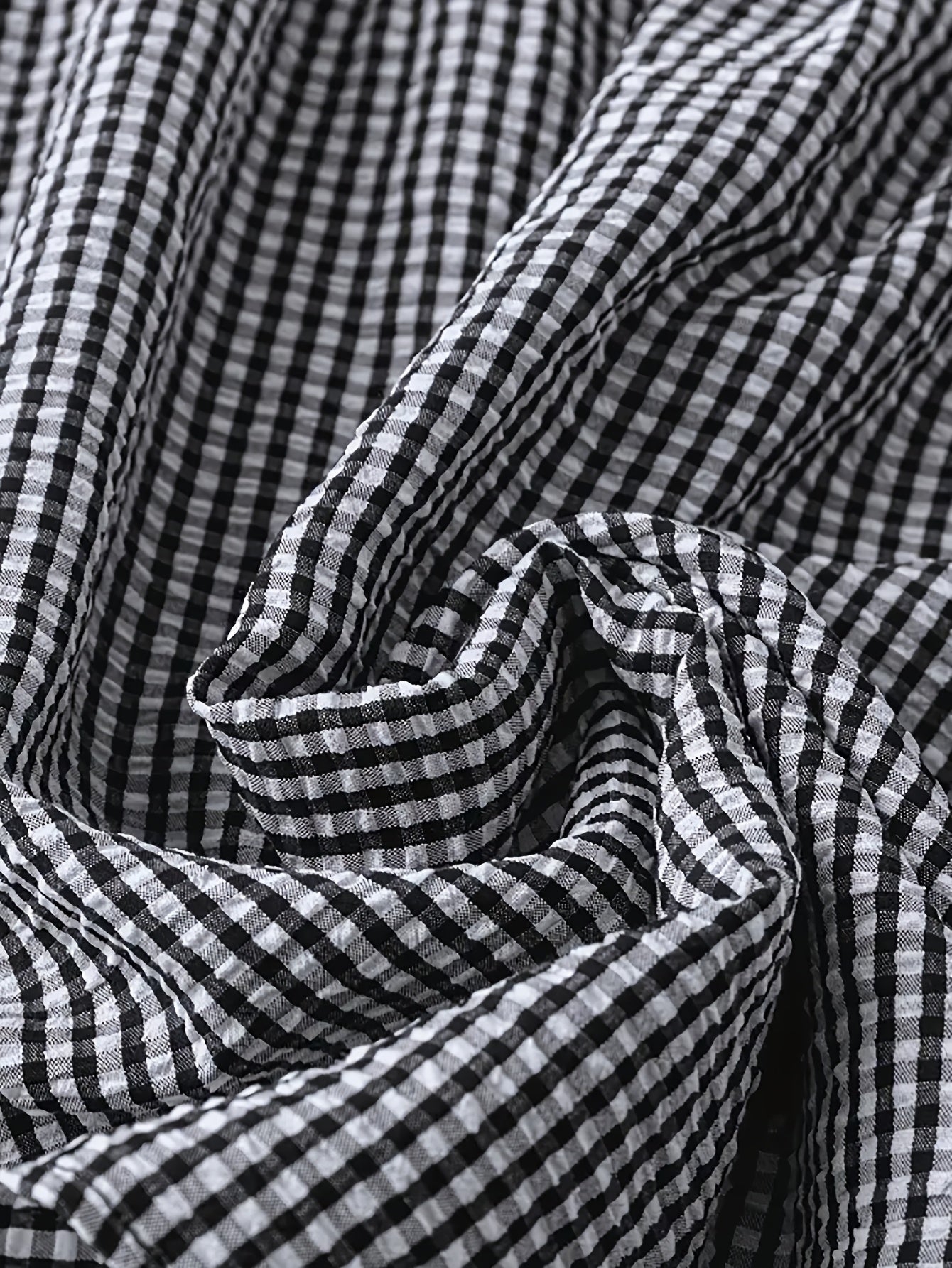 Women's Casual Checkered Button-Up Shirt - Black & White Grid Pattern, Short Sleeve Round Neck Blouse, Machine Washable Spring Summer Top,