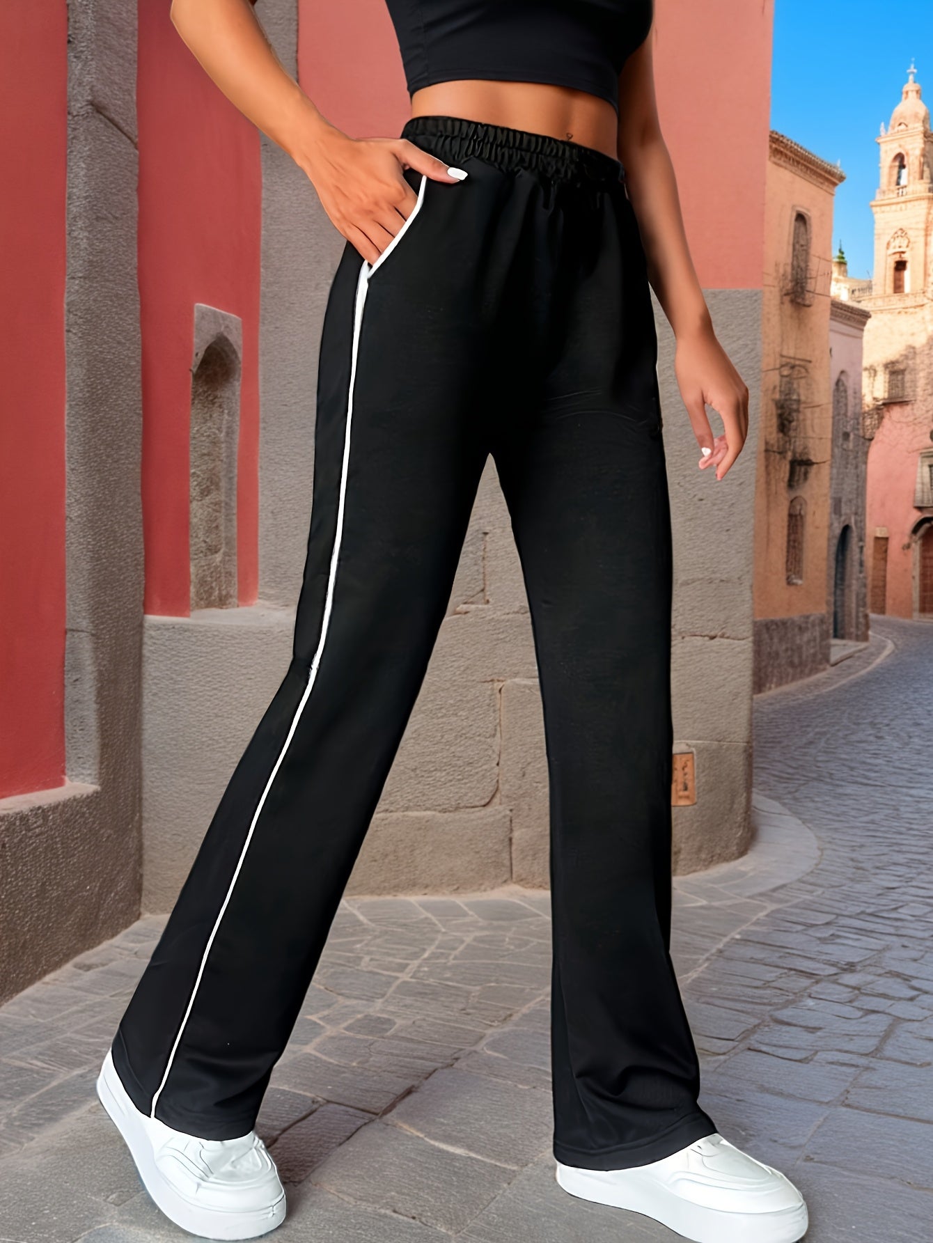 Women's High-Waisted Straight Leg Casual Pants with Elastic Waistband & Side Stripe Design - Black, Machine Washable, Perfect for Spring\u002FSummer