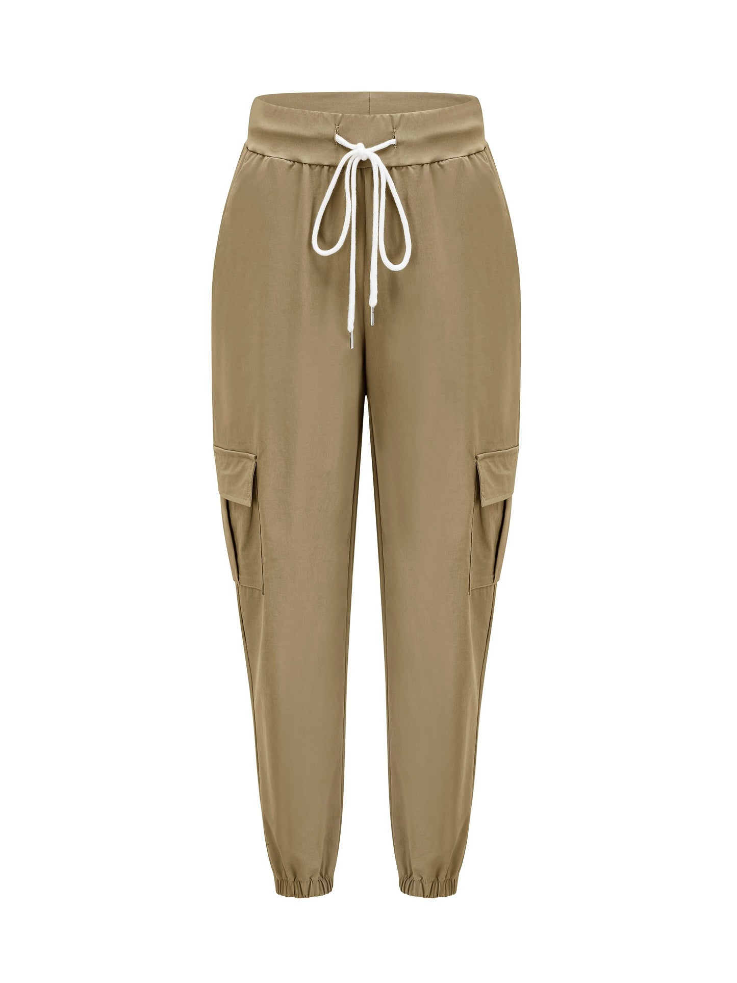 Women'S Casual Cargo Pants with Drawstring Waist, Beige, Multiple Pockets, Frayed Hem, White Sneakers, All-Season Comfort Fit