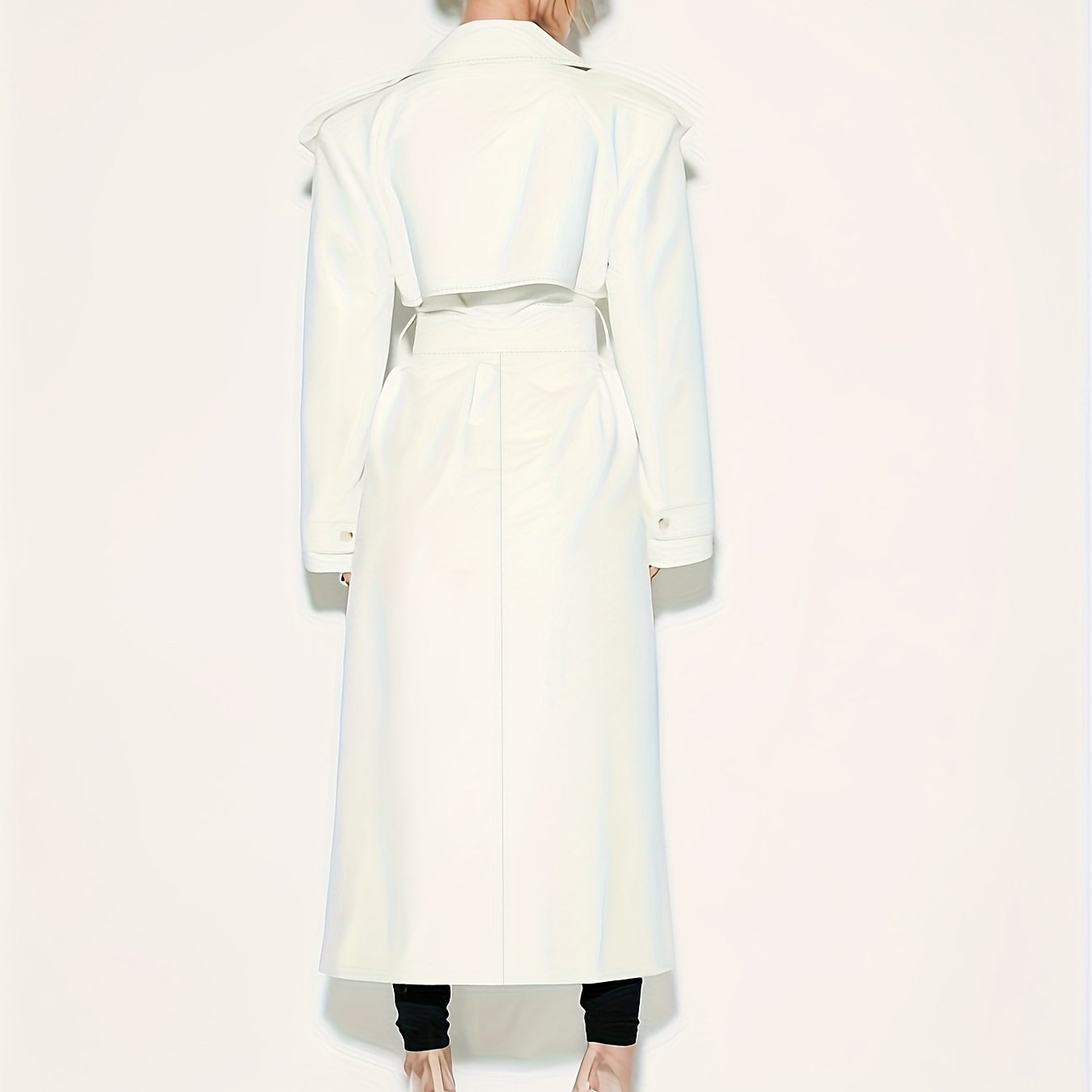 1pc Women'S Elegant Minimalist Double-Breasted Trench Coat - Long Sleeve, Solid Color, Belted Waist, Pockets, Non-Stretch Fabric,