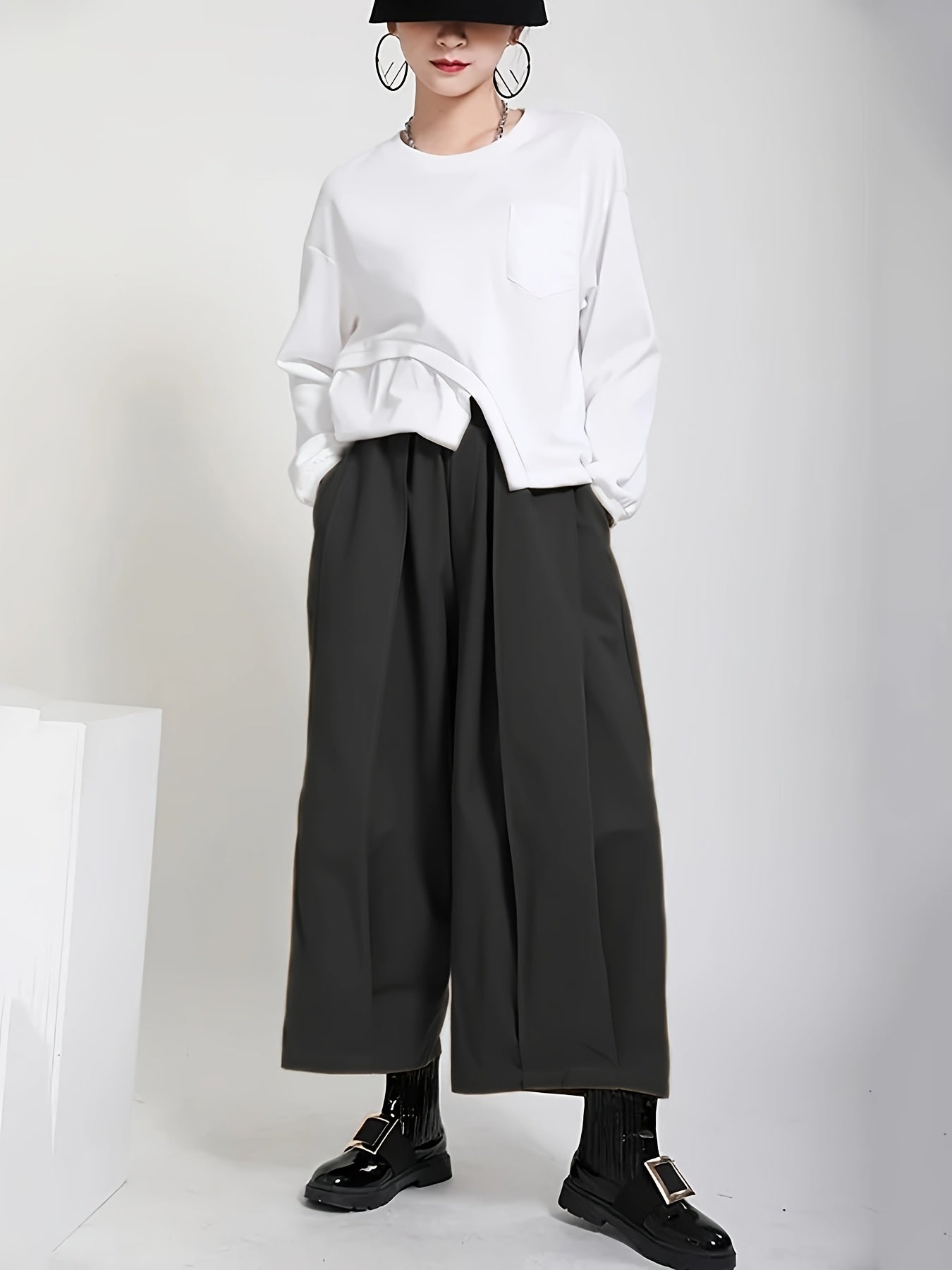 Women'S Stylish Black Wide-Leg Casual Pants - High-Waisted, Button- Front, Polyester Blend, Machine Washable, Perfect for Spring\u002FSummer\u002FFall,