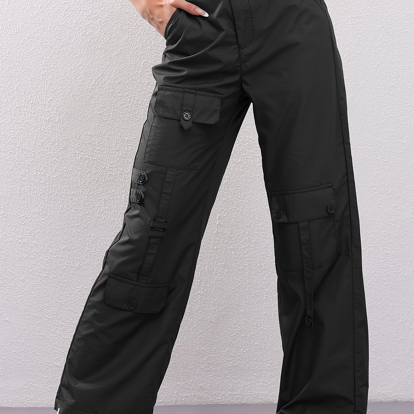 Retro Women's casual pants - black, straight leg, spring and autumn fashion, multiple pockets, soft polyester fiber all-season comfortable outdoor trousers
