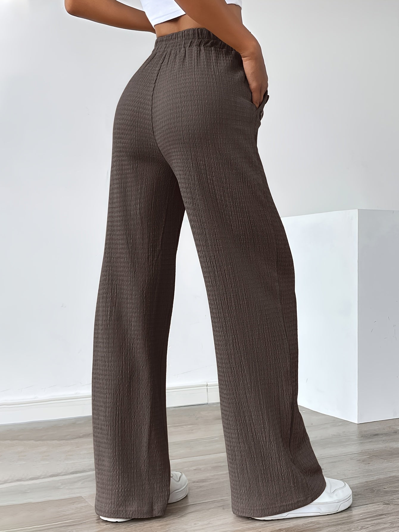 Women'S Casual Solid Color Pants with Faux Button Detail - Elastic Waistband, Drawstring, and Side Pockets, Lightweight Summer Trousers for Casual Attire