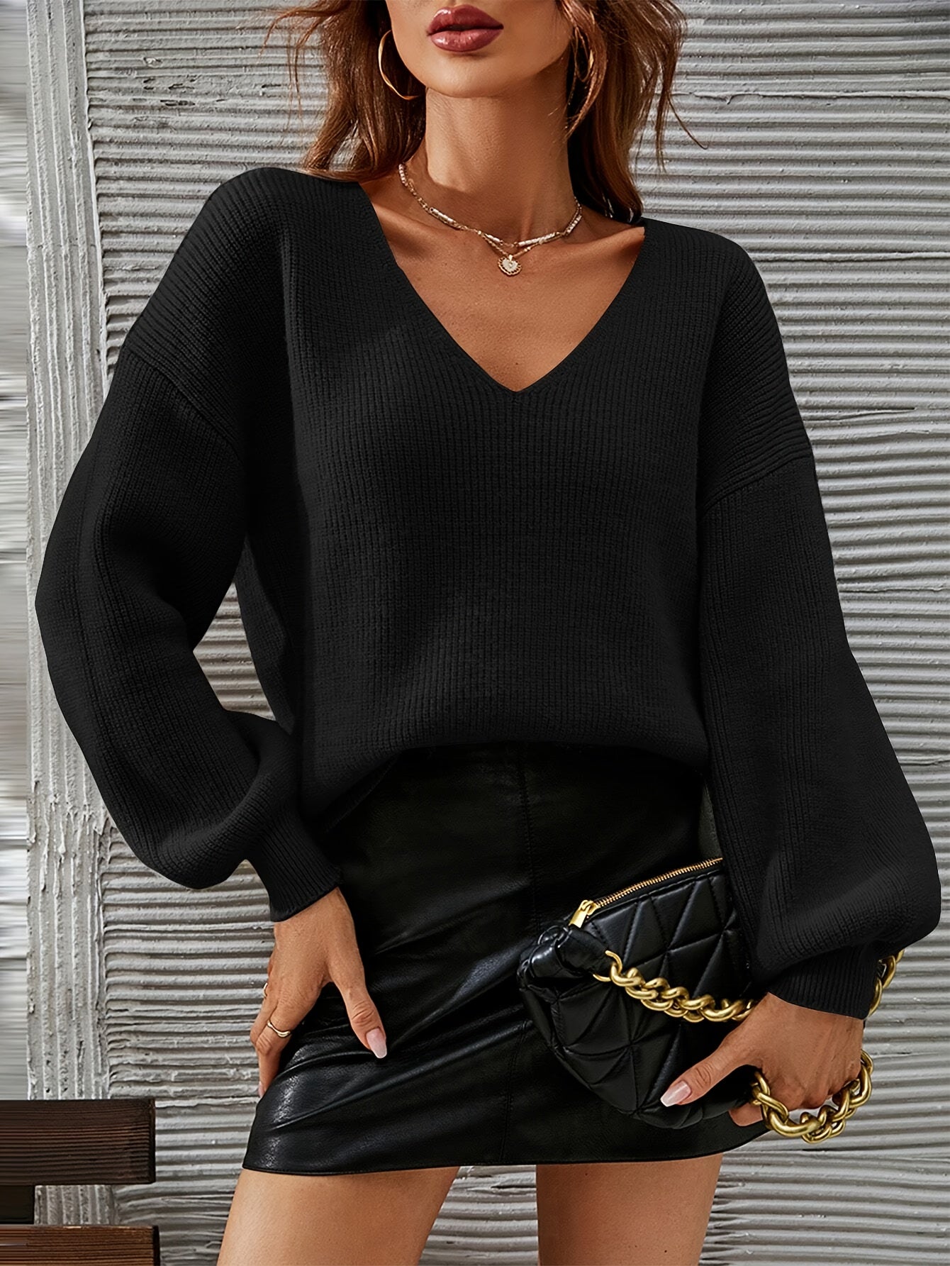 French Chic Sweater Light Green High Stretch V-Neck Drop Shoulder Sweater - Chic French Casual Acrylic Knit,