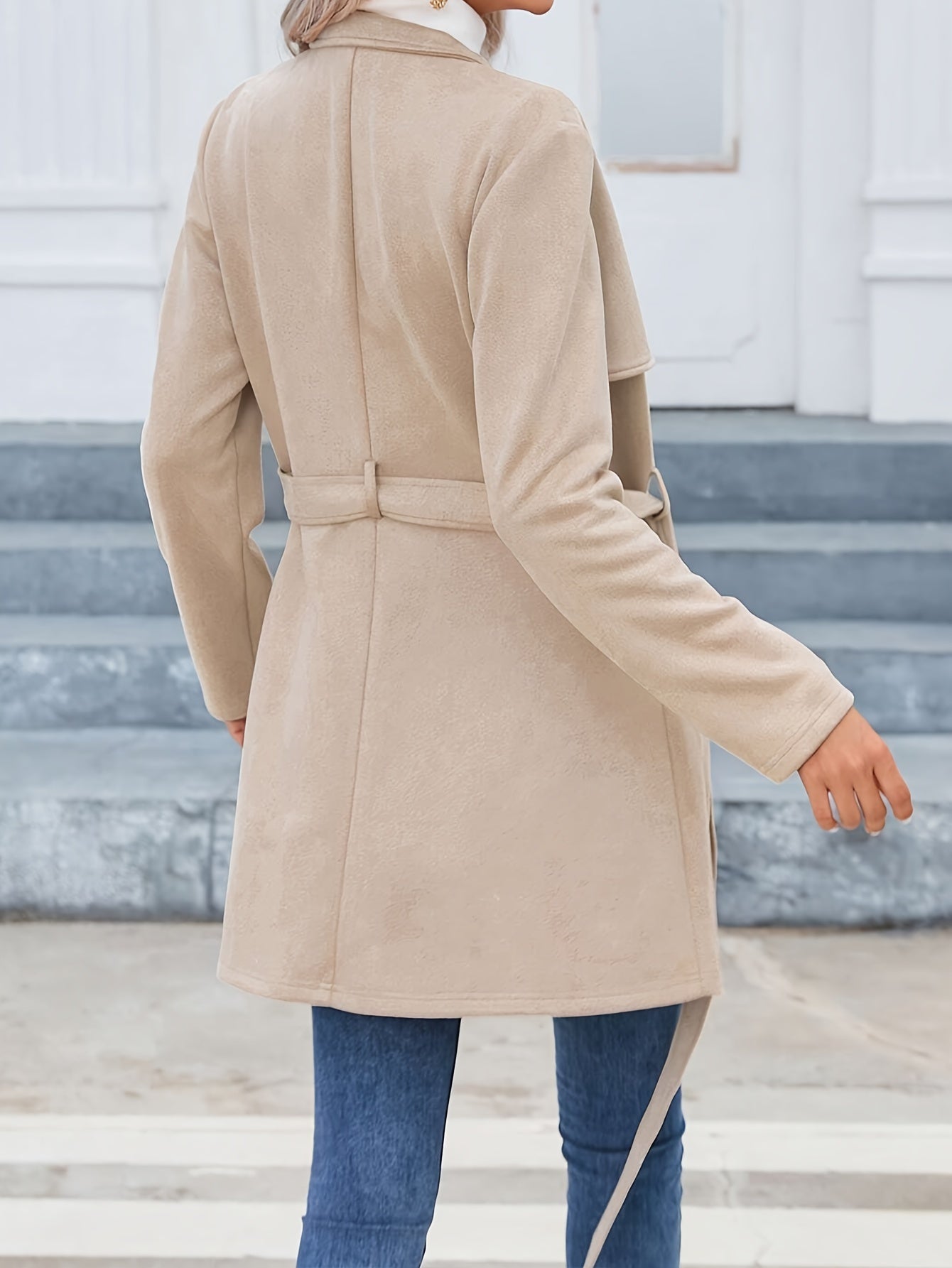 Beige Trench Coat Elegant Beige Women's Coat | Middle Eastern-Inspired Round Neck Trench Coat with Front Zipper & Bow Detail, Machine Washable