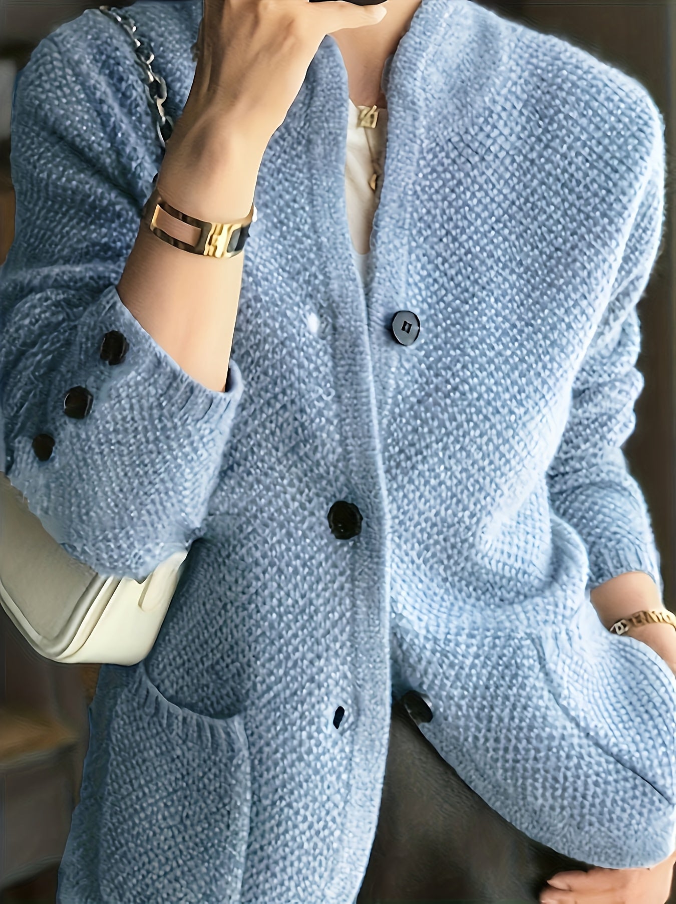 Solid Color Button Front Cardigans Coat, Casual Mock Neck Side Pockets Long Sleeve Top For Every Day,
