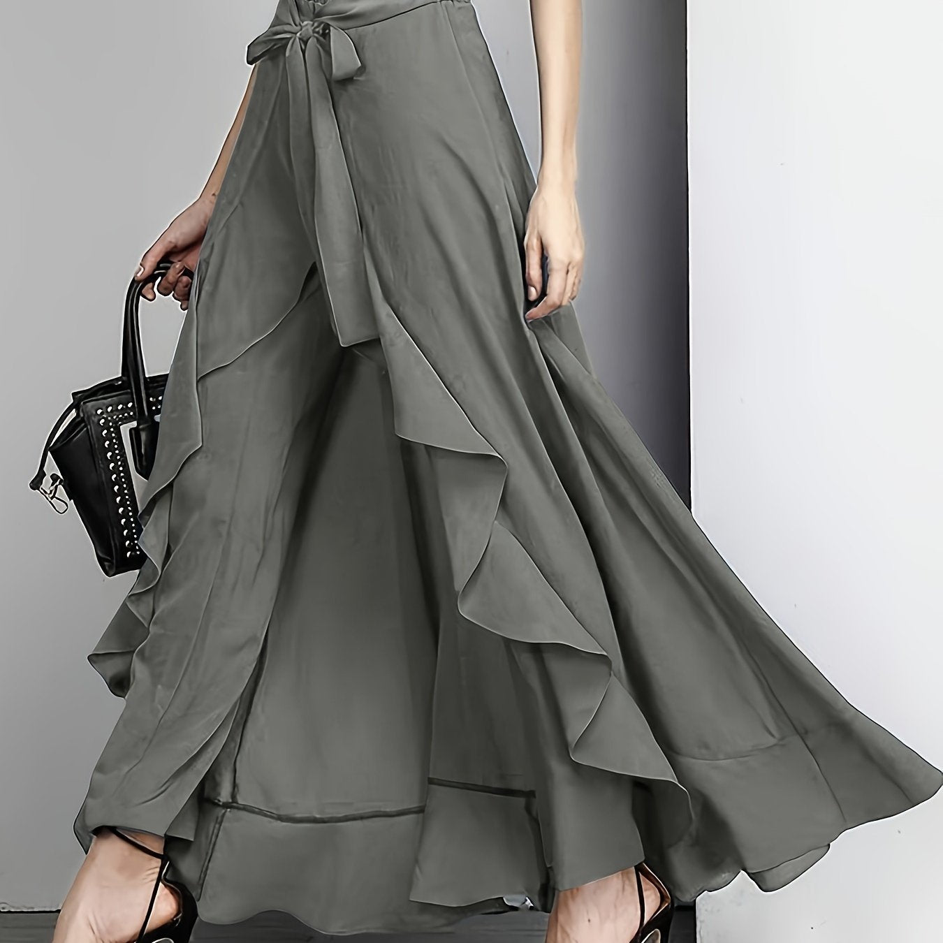 Light Blue Maxi Pants Polyester Women's Light Blue Maxi Pants | Casual Solid Color Straight Leg with Belt Detail, Flowy Design for All Seasons,