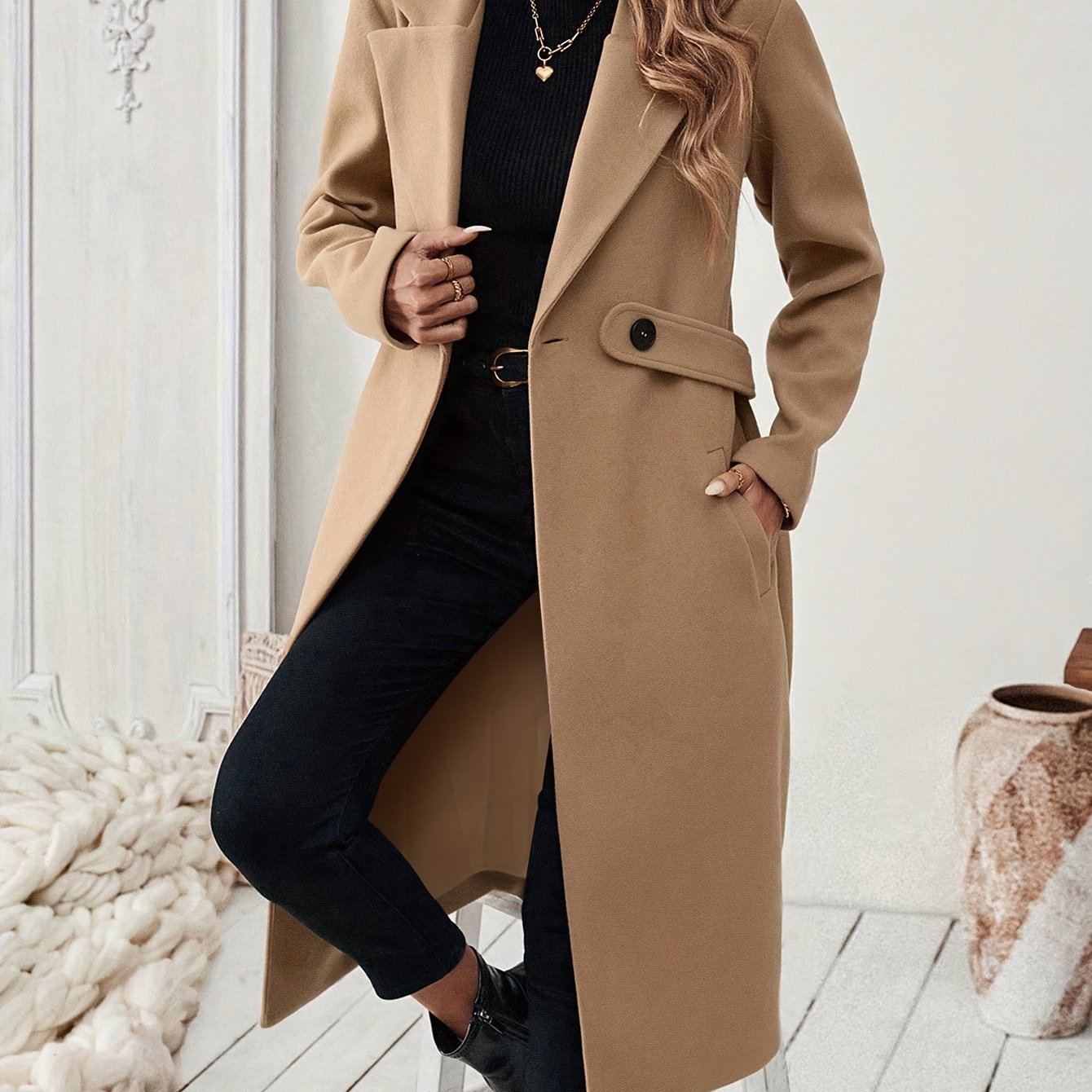 Women's Elegant Long Black Tweed Coat with Adjustable Belt - H-Silhouette Asymmetrical Hem, Machine Washable Winter Trench Coat for Fall & Winter,