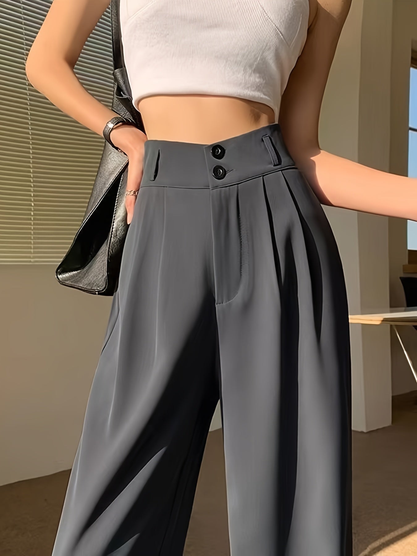 High-Waisted Wide-Leg Pants Women's High-Waisted Wide-Leg Pants - Black Cool & Breathable Fabric, Relaxed Fit All-Season Trousers for Casual & Formal Wear,