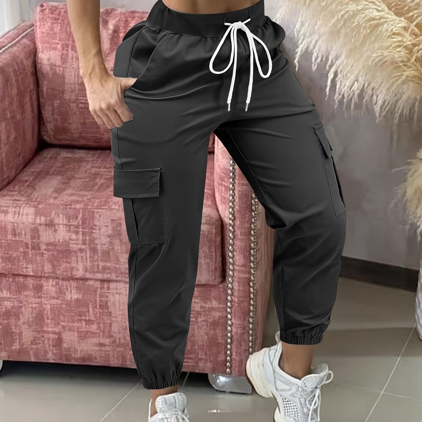 Women'S Casual Cargo Pants with Drawstring Waist, Beige, Multiple Pockets, Frayed Hem, White Sneakers, All-Season Comfort Fit