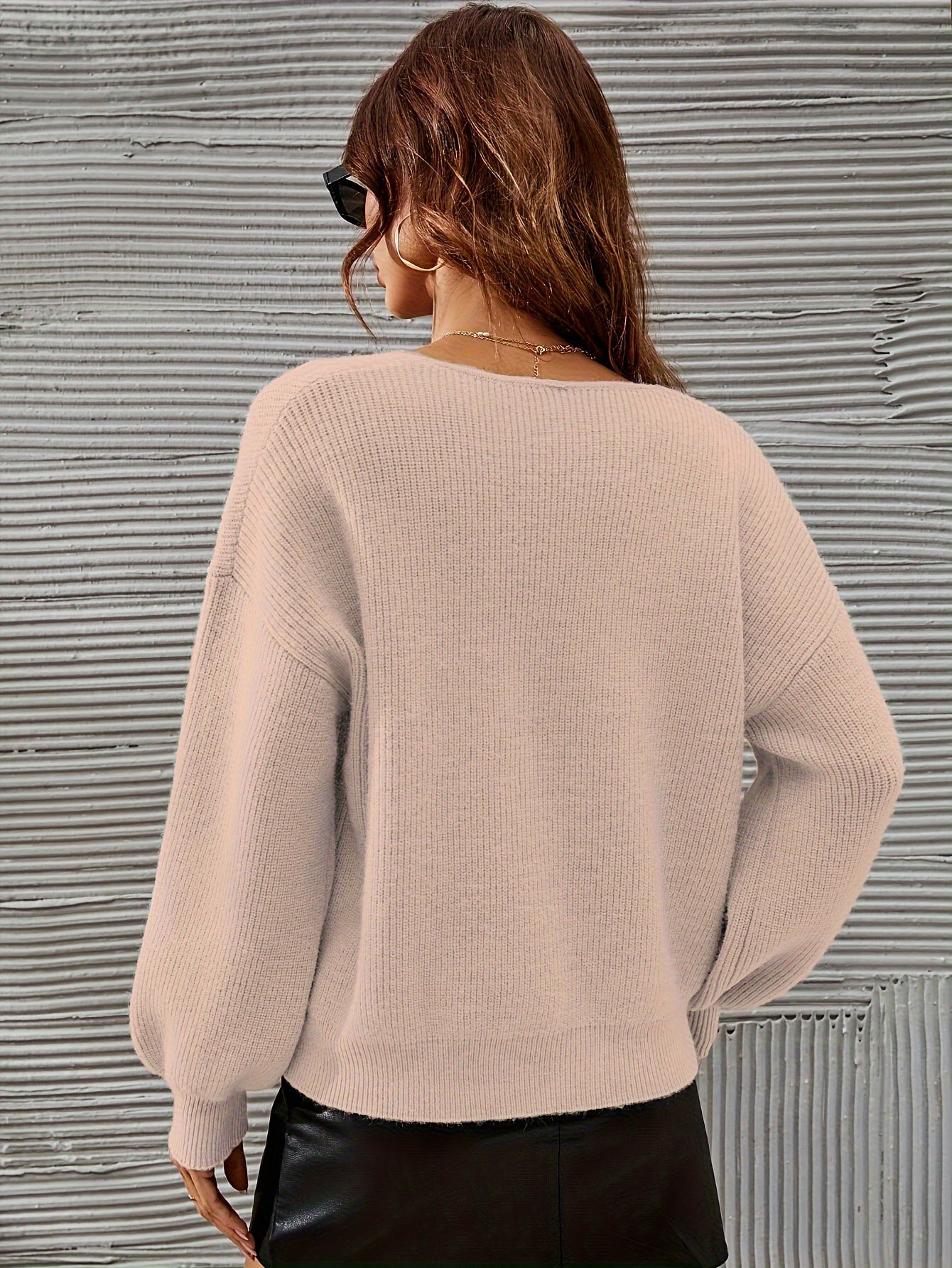 French Chic Sweater Light Green High Stretch V-Neck Drop Shoulder Sweater - Chic French Casual Acrylic Knit,