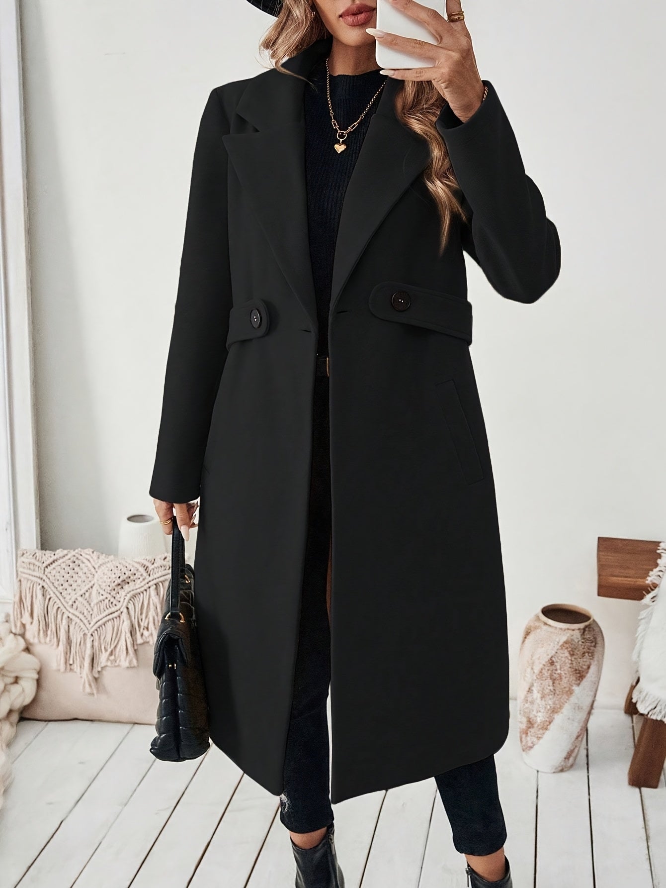 Women's Elegant Long Black Tweed Coat with Adjustable Belt - H-Silhouette Asymmetrical Hem, Machine Washable Winter Trench Coat for Fall & Winter,