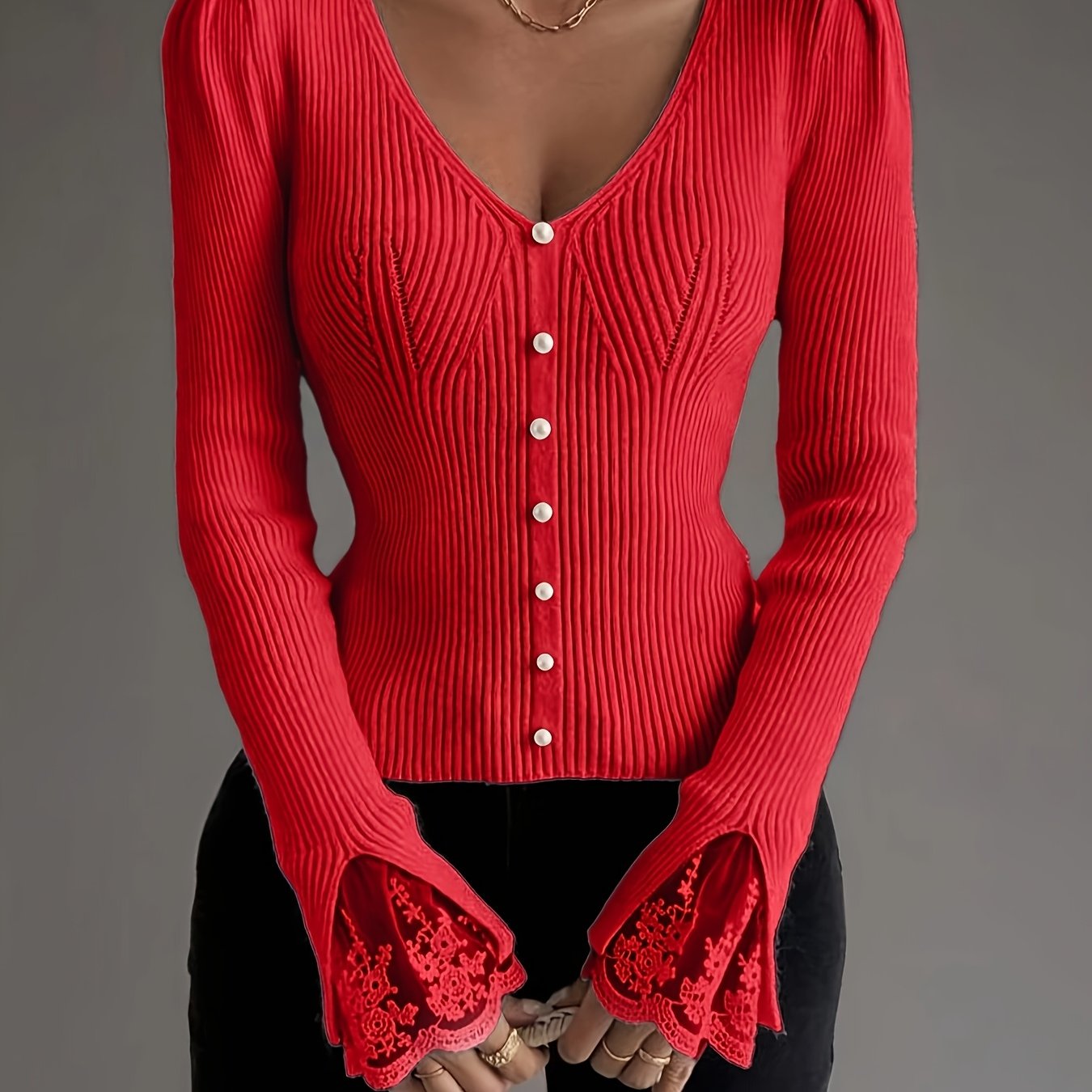 Elegant Pullover Soft & Comfortable Elegant Pink V-Neck Pullover for Women | Long Sleeve, Button-Up Front, Ribbed Texture,
