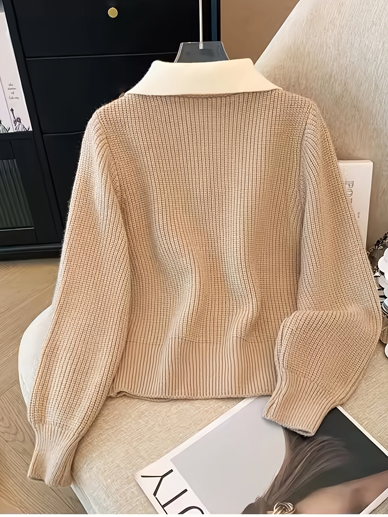 Women'S Elegant Beige Cardigan with Ribbed Detail - Light Luxury, Warm & Stylish Open Sweater for Fall and Winter,