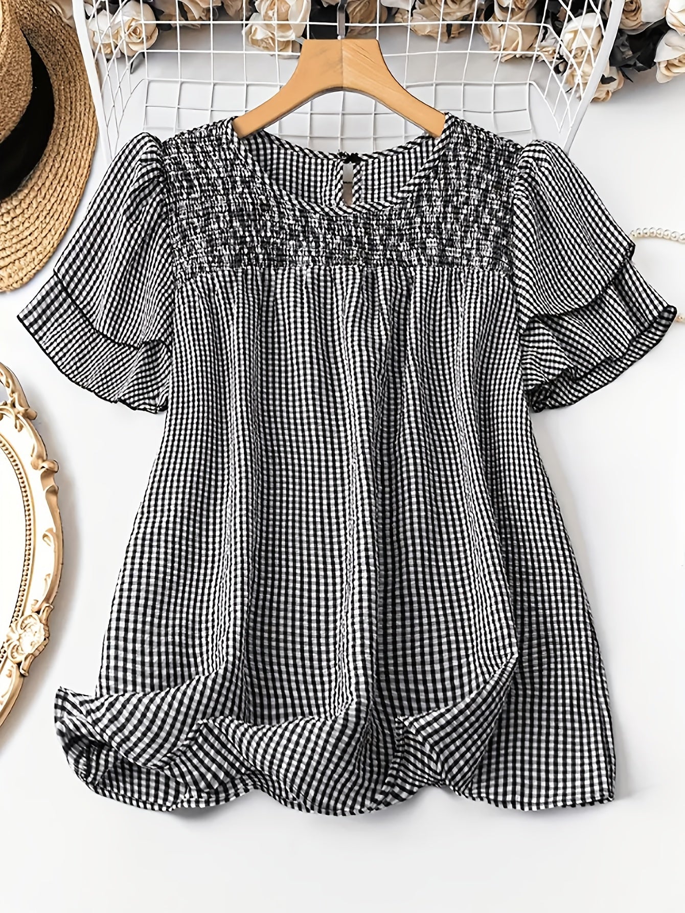 Women's Casual Checkered Button-Up Shirt - Black & White Grid Pattern, Short Sleeve Round Neck Blouse, Machine Washable Spring Summer Top,