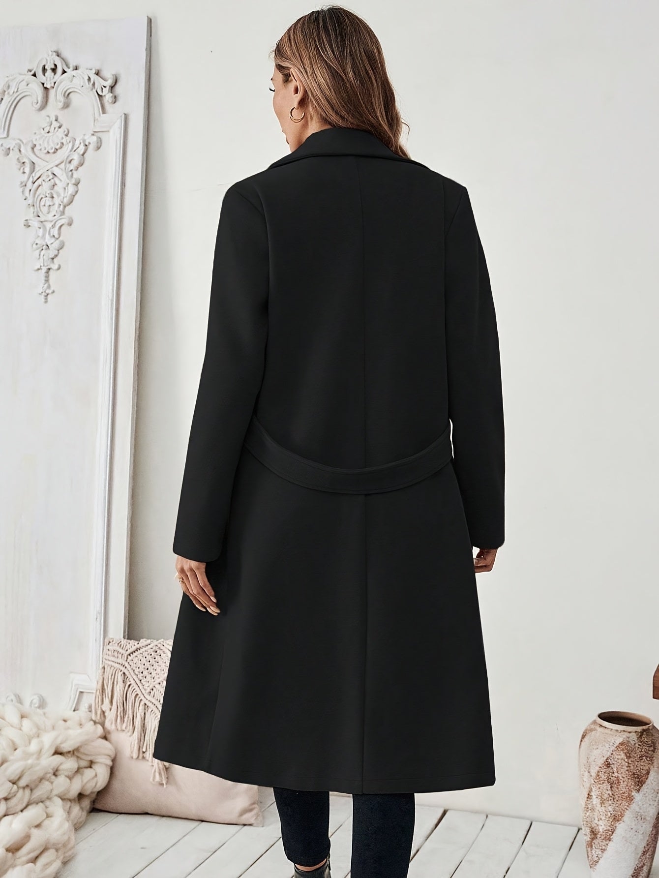 Women's Elegant Long Black Tweed Coat with Adjustable Belt - H-Silhouette Asymmetrical Hem, Machine Washable Winter Trench Coat for Fall & Winter,