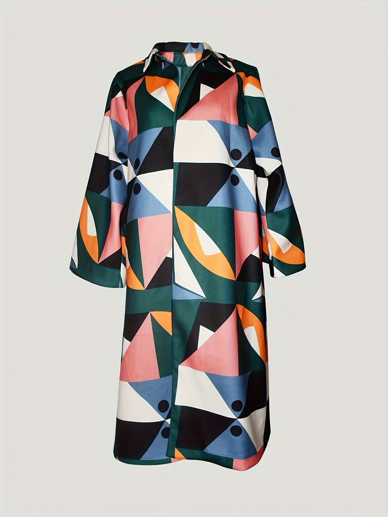 Women'S Stylish Geometric Print Trench Coat - Long Sleeve, Button-Up Front, Polyester, Green with Black & Yellow Accents, Perfect for Spring & Fall,
