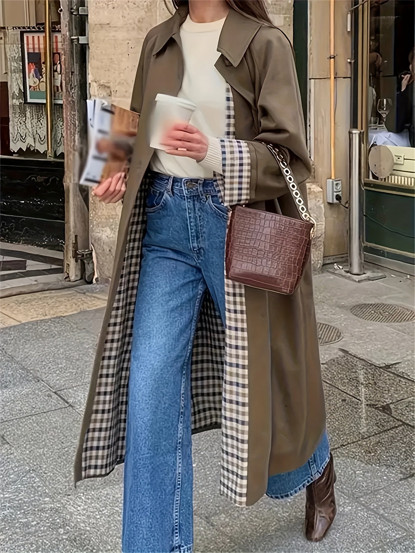 Women's Trench Coat Oversized Women's Long Sleeve Trench Coat | Button-Front, Plaid-Lined Pockets, Elegant Solid Color Design, Classic Style,