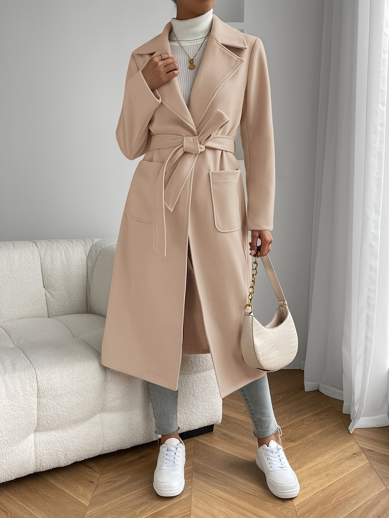 Solid Color Trench Coat Elegant Solid Color Long Sleeve Patched Pocket Trench Coat - Women's