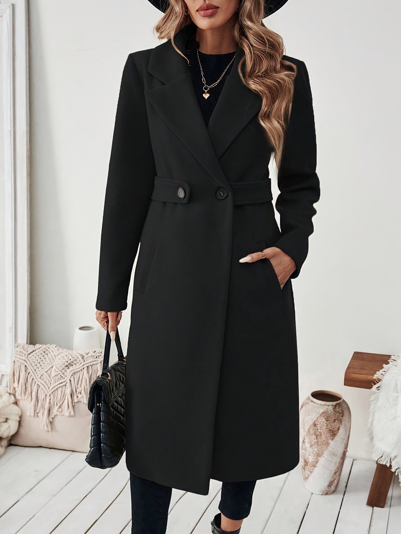 Women's Elegant Long Black Tweed Coat with Adjustable Belt - H-Silhouette Asymmetrical Hem, Machine Washable Winter Trench Coat for Fall & Winter,