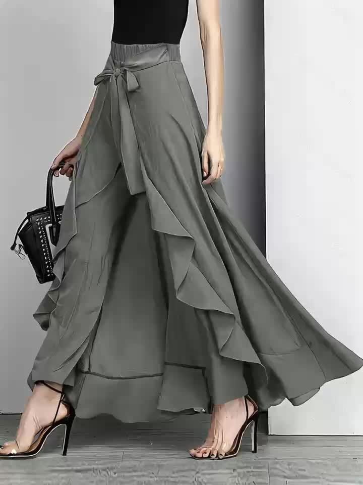 Light Blue Maxi Pants Polyester Women's Light Blue Maxi Pants | Casual Solid Color Straight Leg with Belt Detail, Flowy Design for All Seasons,