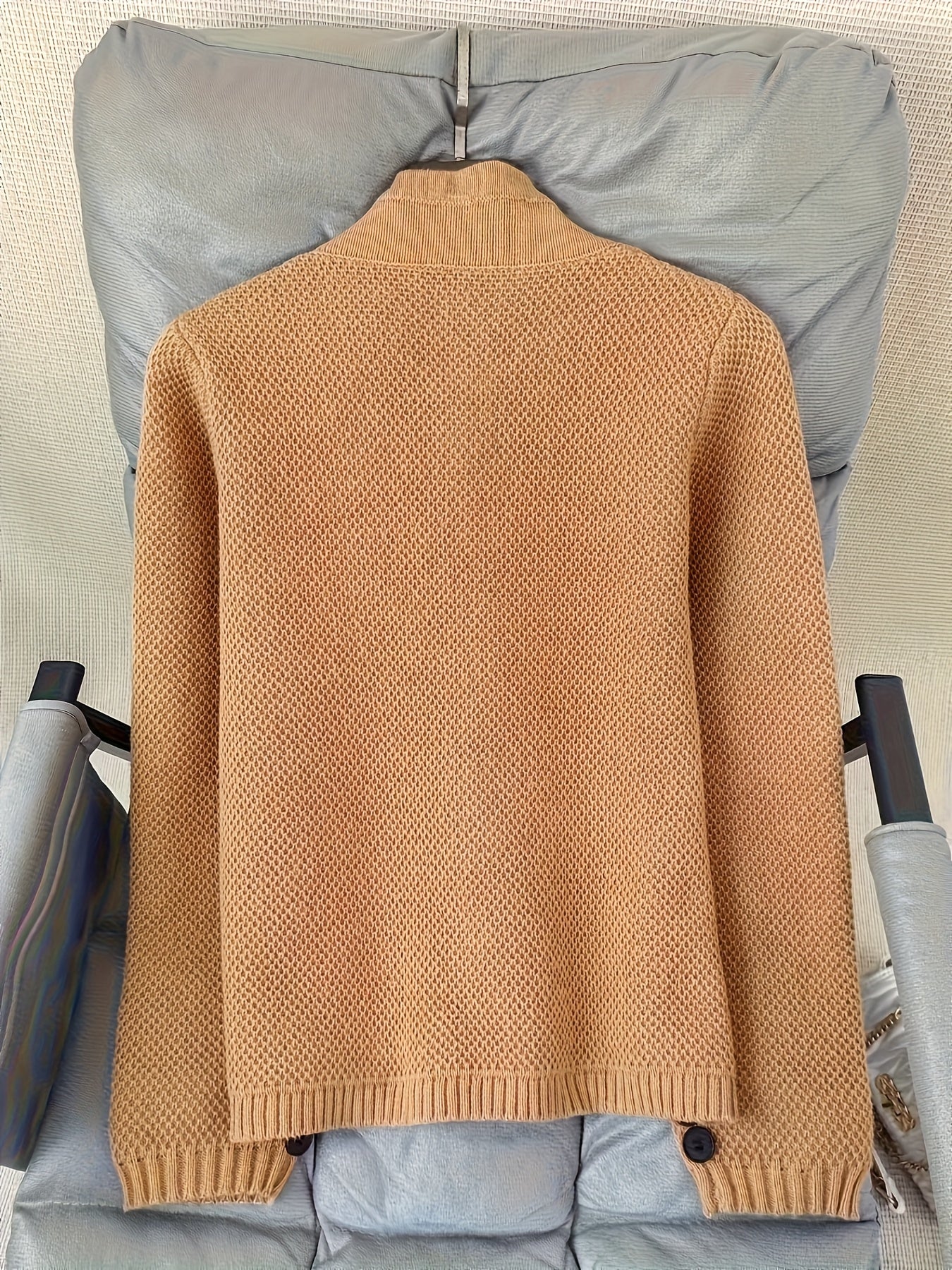 Solid Color Button Front Cardigans Coat, Casual Mock Neck Side Pockets Long Sleeve Top For Every Day,