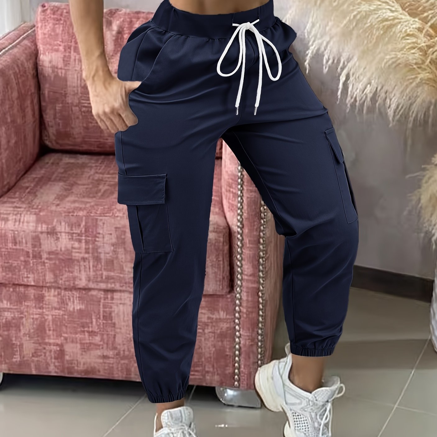 Women'S Casual Cargo Pants with Drawstring Waist, Beige, Multiple Pockets, Frayed Hem, White Sneakers, All-Season Comfort Fit