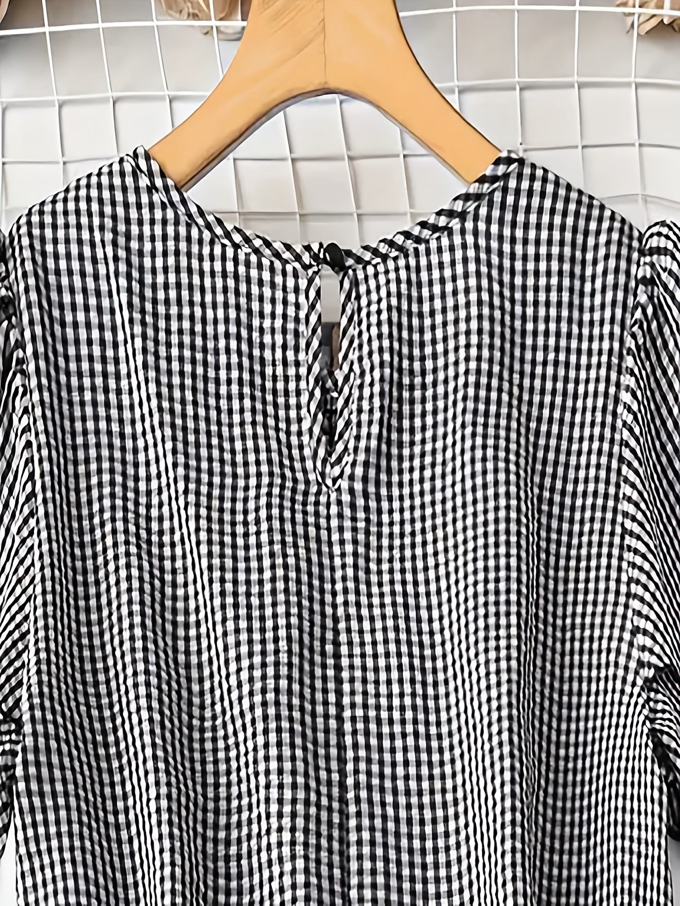 Women's Casual Checkered Button-Up Shirt - Black & White Grid Pattern, Short Sleeve Round Neck Blouse, Machine Washable Spring Summer Top,