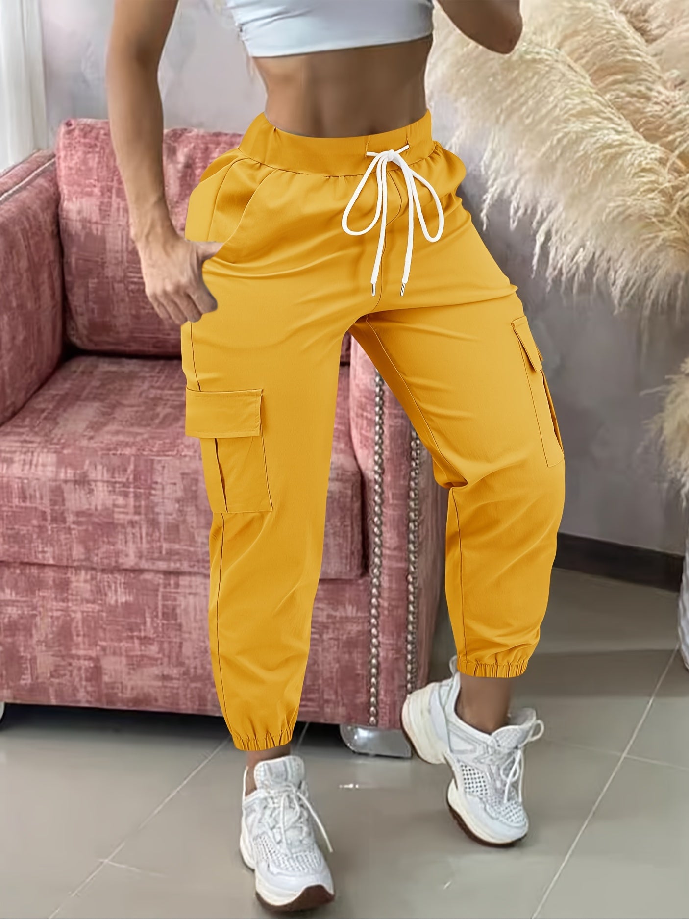 Women'S Casual Cargo Pants with Drawstring Waist, Beige, Multiple Pockets, Frayed Hem, White Sneakers, All-Season Comfort Fit