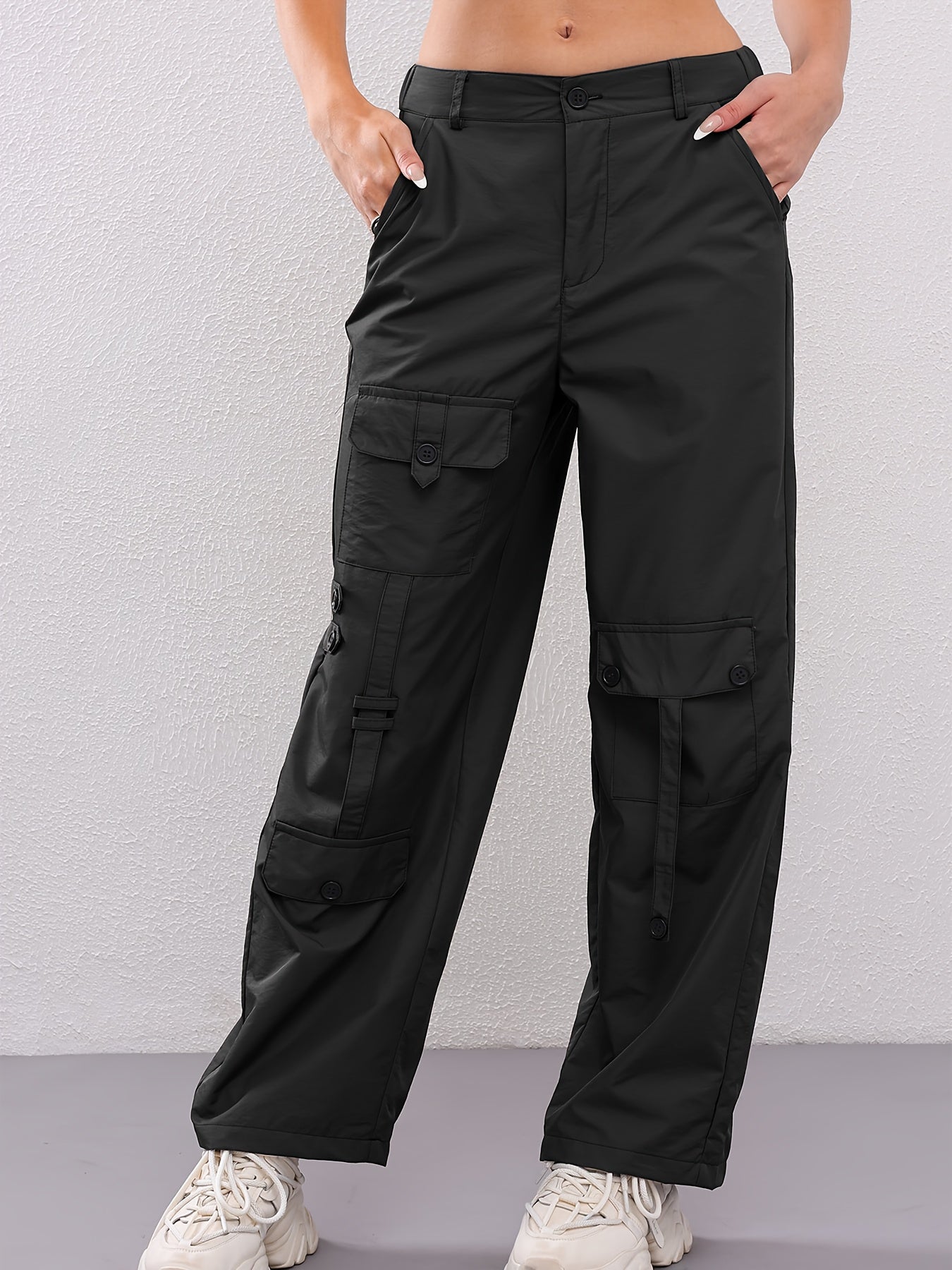 Retro Women's casual pants - black, straight leg, spring and autumn fashion, multiple pockets, soft polyester fiber all-season comfortable outdoor trousers