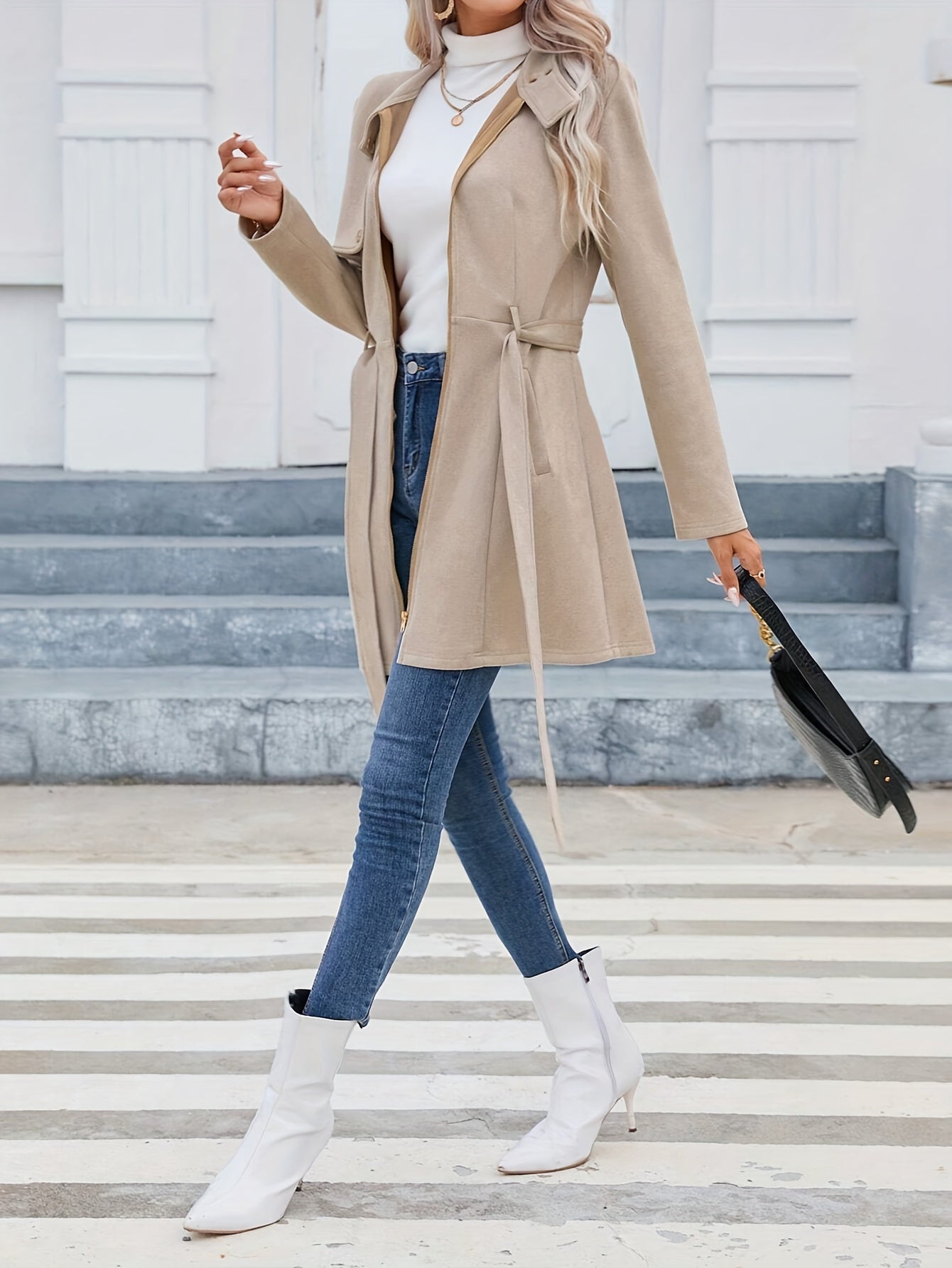 Beige Trench Coat Elegant Beige Women's Coat | Middle Eastern-Inspired Round Neck Trench Coat with Front Zipper & Bow Detail, Machine Washable