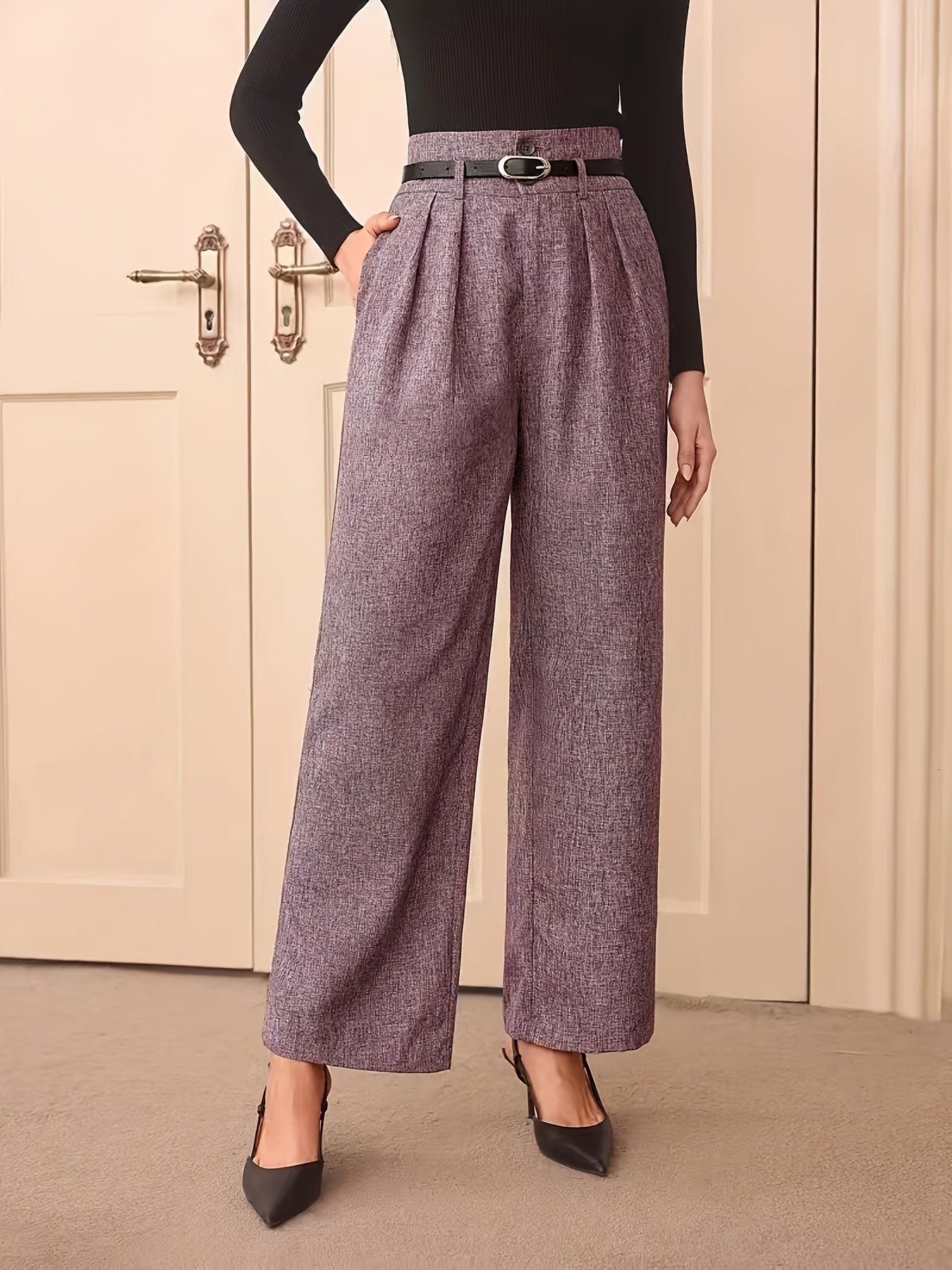 Women's High-Waisted Gray Straight-Leg Pants with Adjustable Belt - Middle Eastern-Inspired Retro Office Casual Trousers