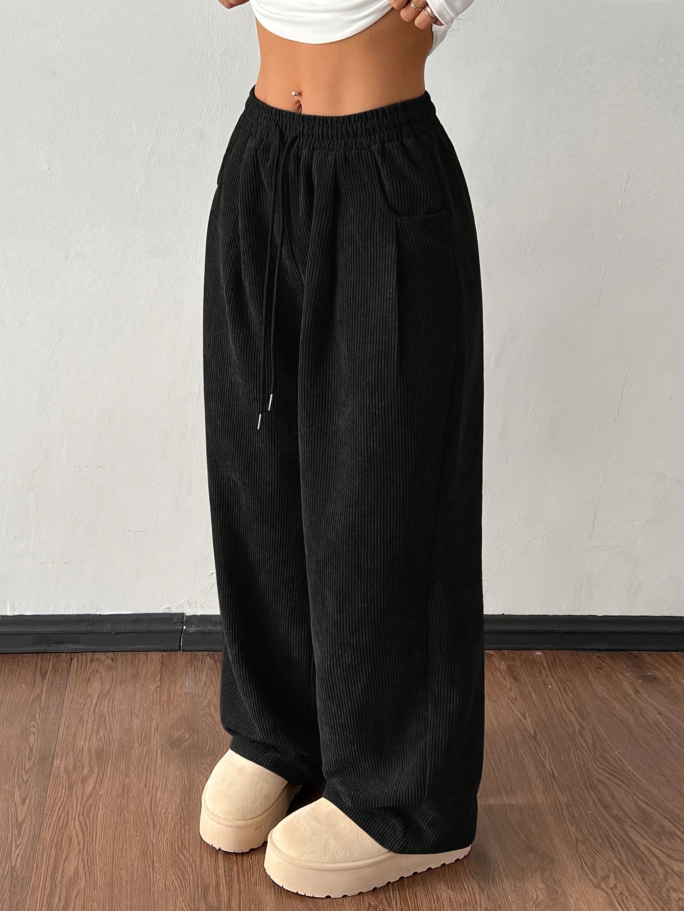 Women's Casual Corduroy Pants - Straight Leg Relaxed Fit, Machine Washable, All-Season Comfort, Solid Brown, Versatile Streetwear