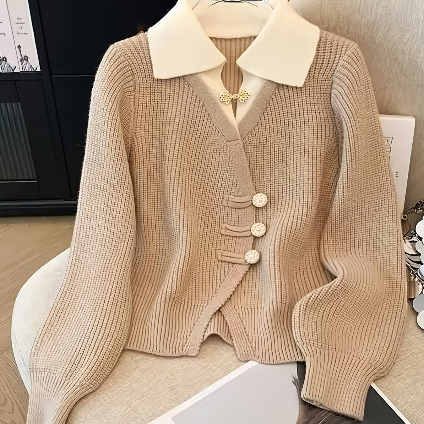 Women'S Elegant Beige Cardigan with Ribbed Detail - Light Luxury, Warm & Stylish Open Sweater for Fall and Winter,