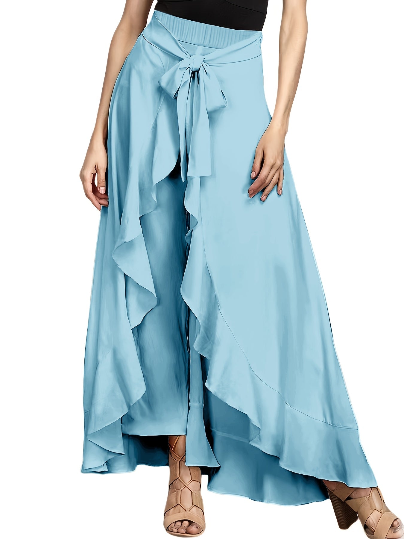 Light Blue Maxi Pants Polyester Women's Light Blue Maxi Pants | Casual Solid Color Straight Leg with Belt Detail, Flowy Design for All Seasons,