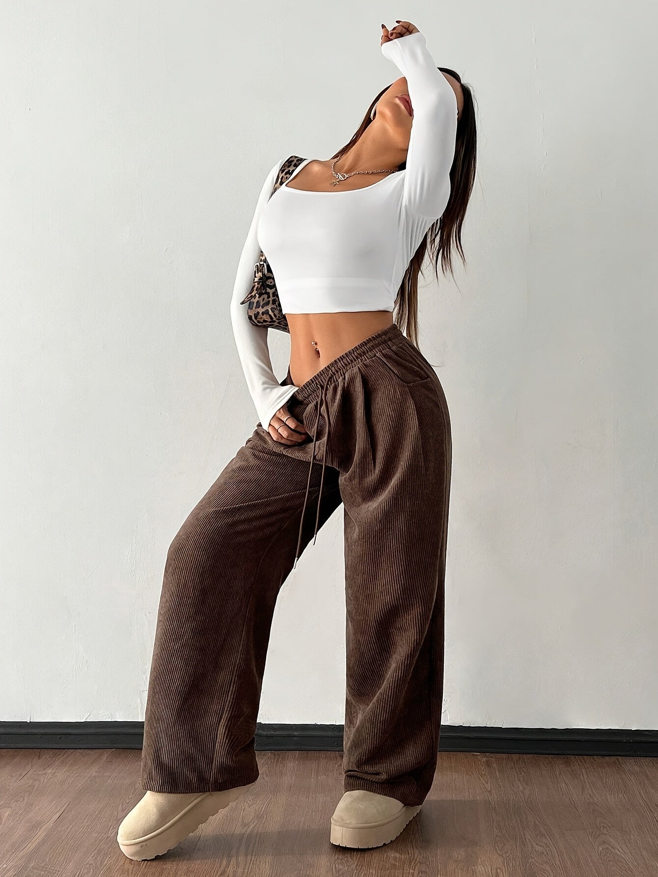 Women's Casual Corduroy Pants - Straight Leg Relaxed Fit, Machine Washable, All-Season Comfort, Solid Brown, Versatile Streetwear