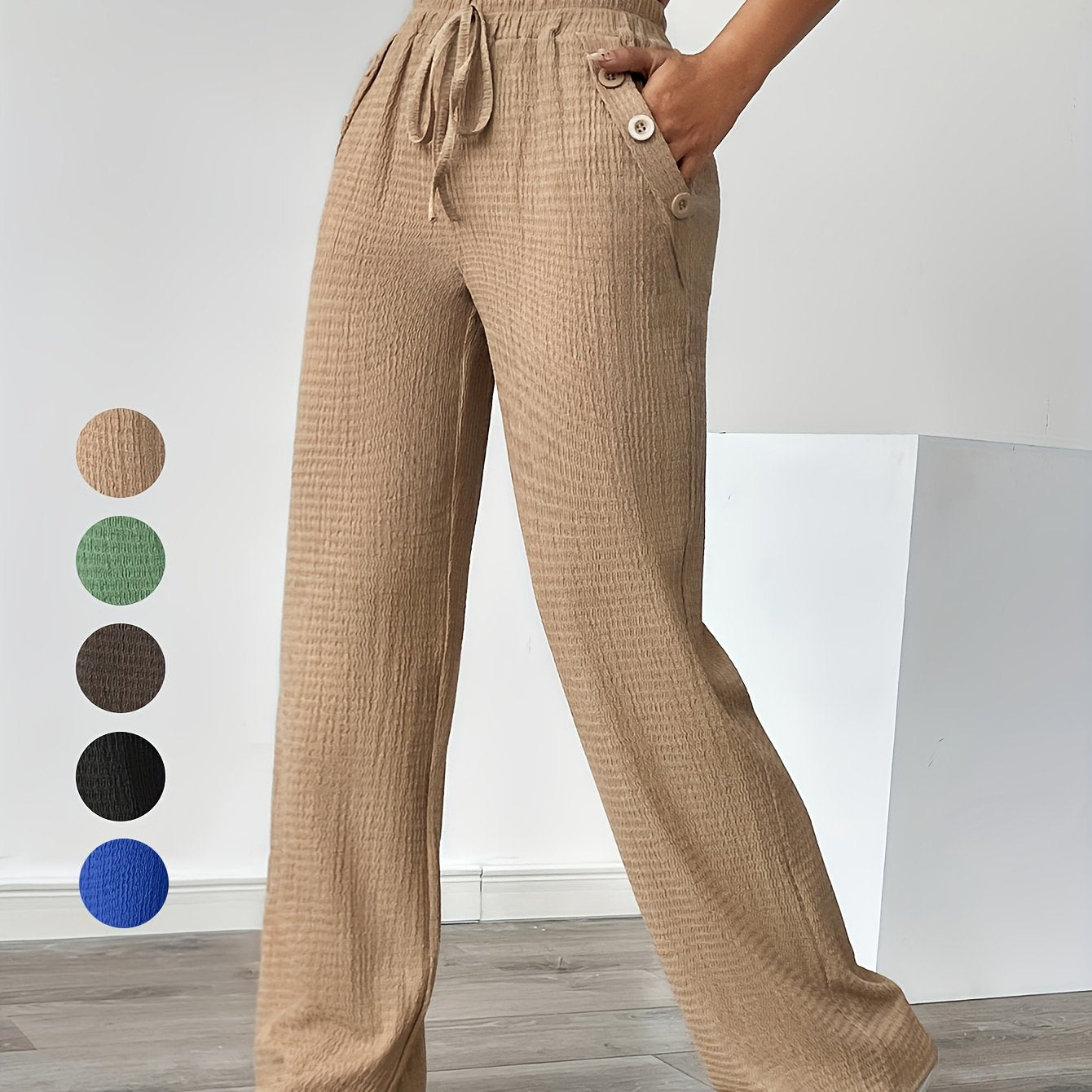 Women'S Casual Solid Color Pants with Faux Button Detail - Elastic Waistband, Drawstring, and Side Pockets, Lightweight Summer Trousers for Casual Attire