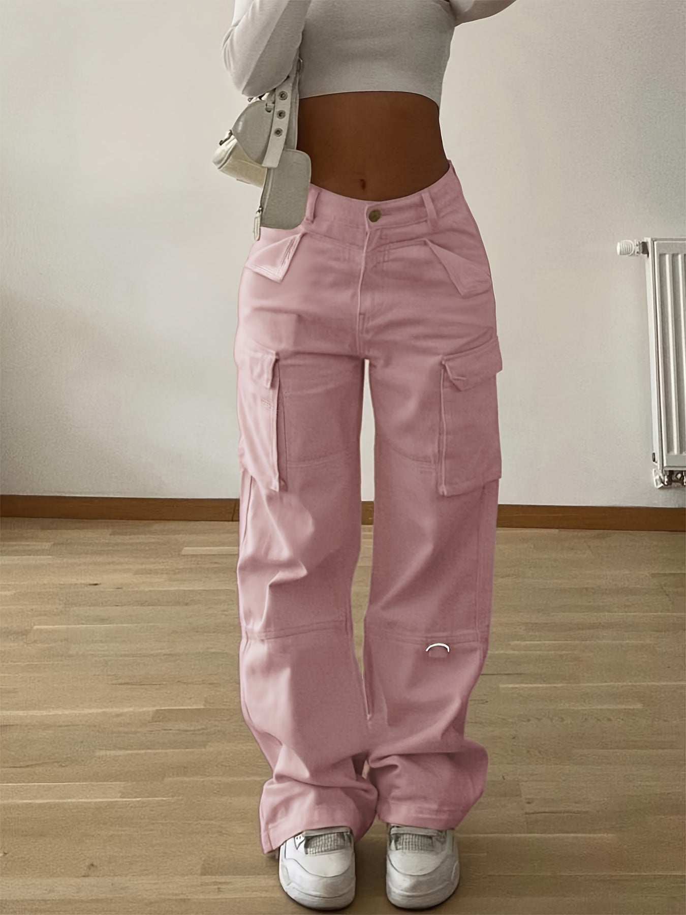 Women's Non-Stretch Cargo Pants with Multiple Utility Pockets - Structured Fit Work Pants for Everyday & Professional Outfits, Pink,