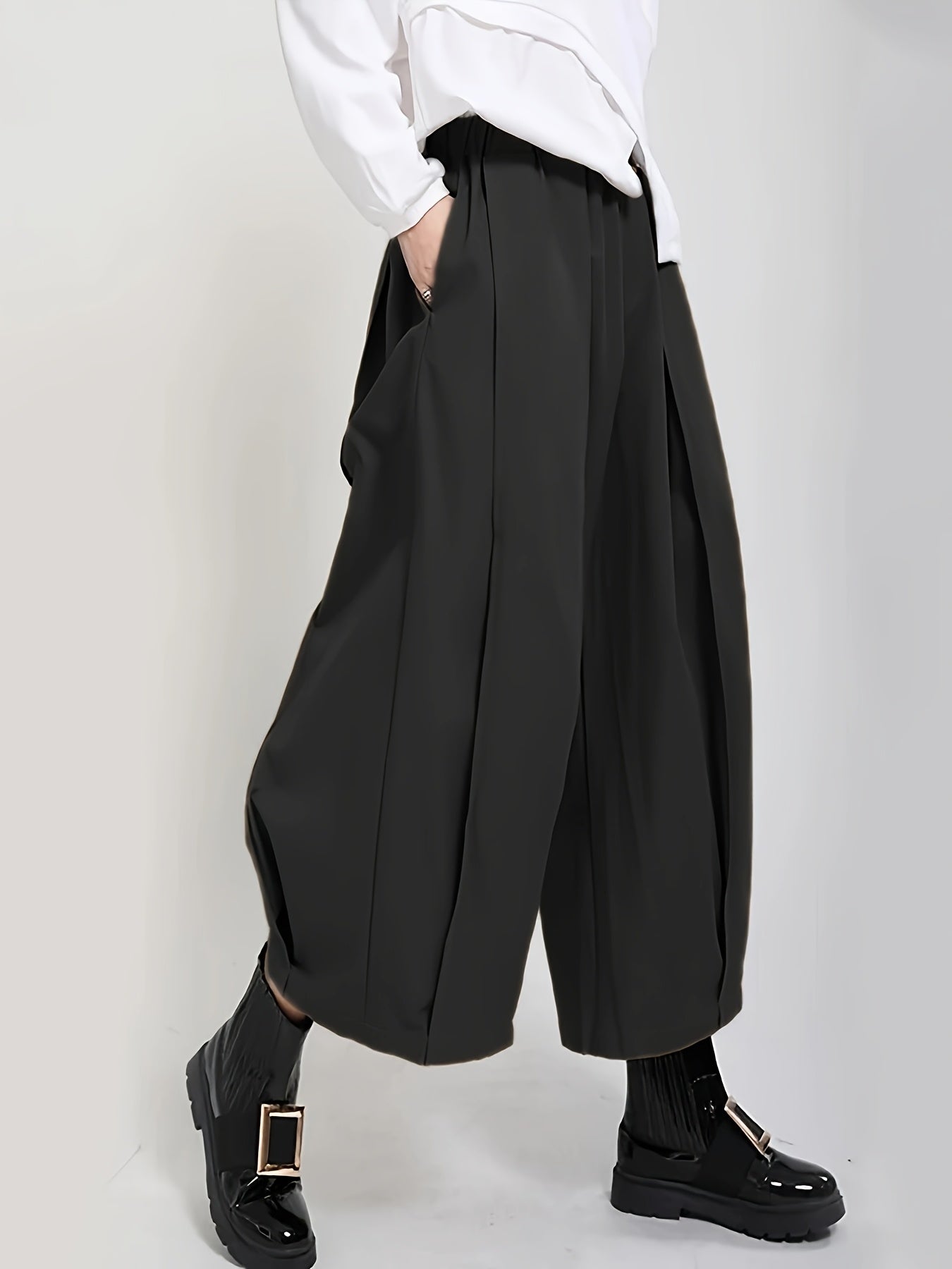 Women'S Stylish Black Wide-Leg Casual Pants - High-Waisted, Button- Front, Polyester Blend, Machine Washable, Perfect for Spring\u002FSummer\u002FFall,