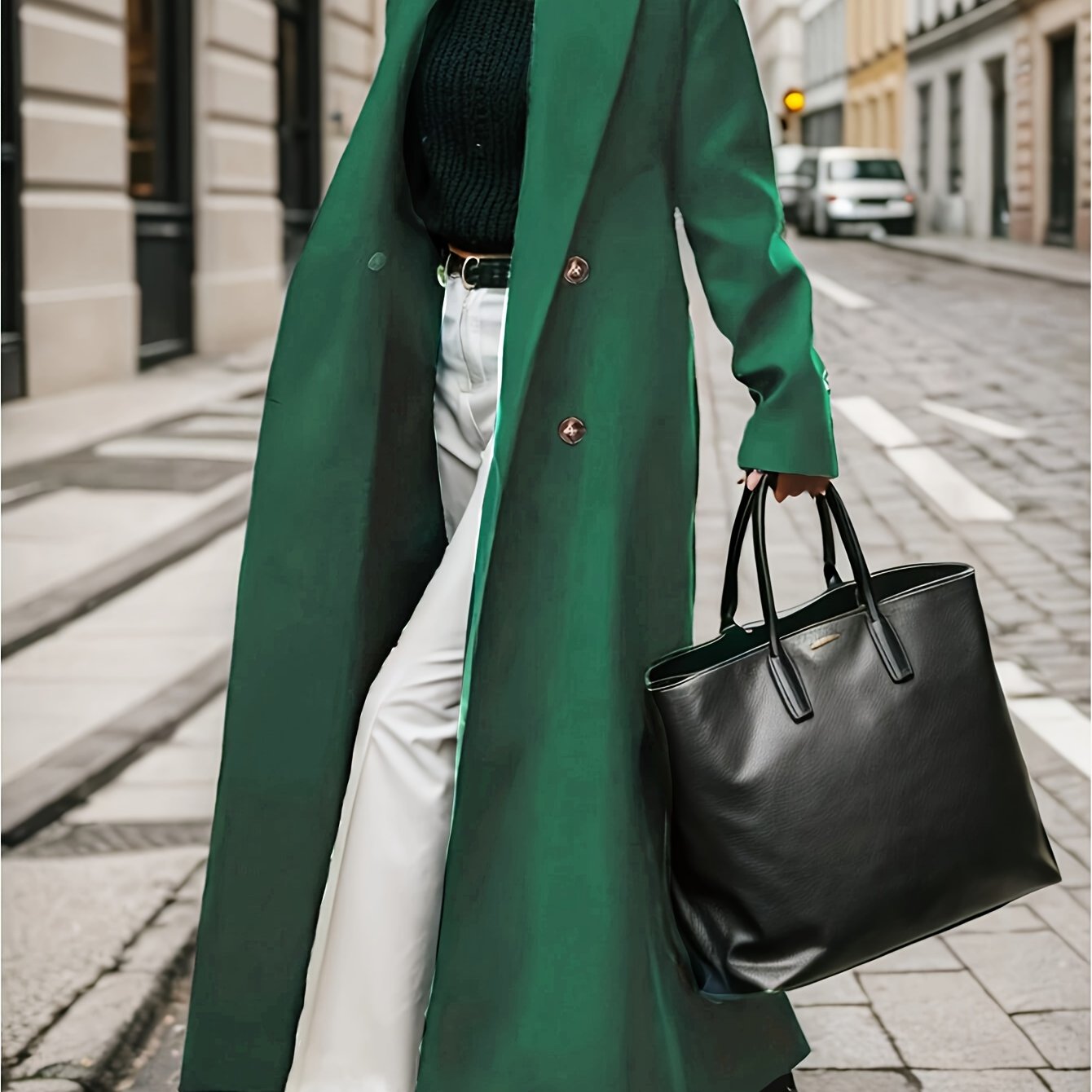 Women's Elegant Green Coat - Long Formal & Professional Outerwear, Machine Washable Winter Trench with Structured H-Silhouette for Office, Parties,