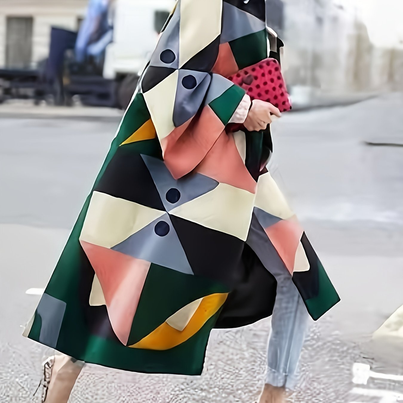 Women'S Stylish Geometric Print Trench Coat - Long Sleeve, Button-Up Front, Polyester, Green with Black & Yellow Accents, Perfect for Spring & Fall,